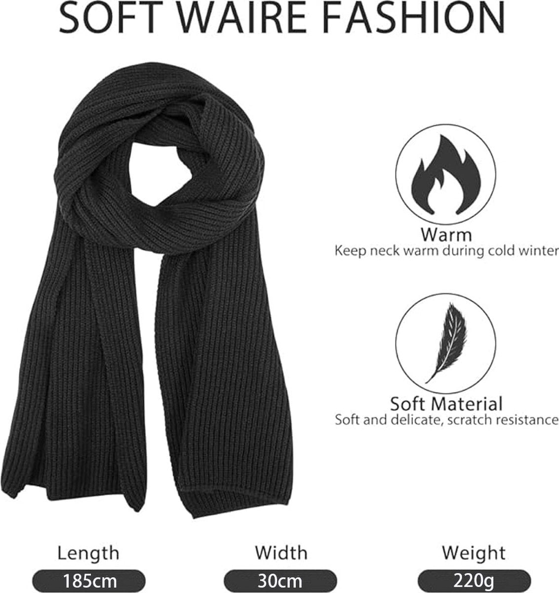 Knitted Scarf for Women & Men - Warm Winter Scarf - Small Scarf - Unisex - Oblong Scarf - Wool Scarf - Winter Warm & Soft - Men's Scarf - Women's Scarf - Finely Woven Scarf - Classic Scarf - Black - 185 x 30 Cm
