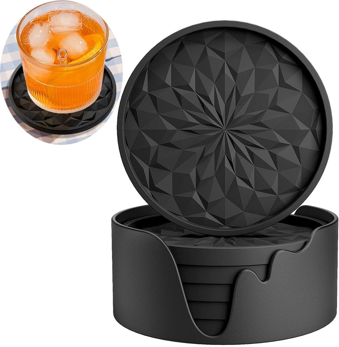 Silicone Coasters with Holder - Set of 6 - Glass Coasters - Coaster Set - Round Coaster Design - Drink Coasters - Table Glass Coasters - Coasters - Anti-Slip - Heat Resistant - Black - Gift