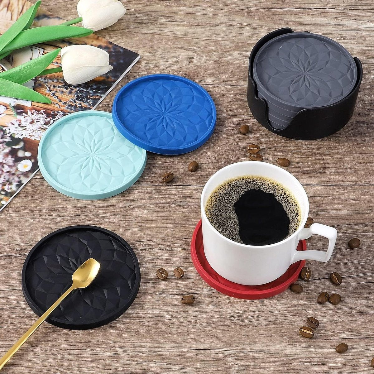 Silicone Coasters with Holder - Set of 6 - Glass Coasters - Coaster Set - Round Coaster Design - Drink Coasters - Table Glass Coasters - Coasters - Anti-Slip - Heat Resistant - Black - Gift