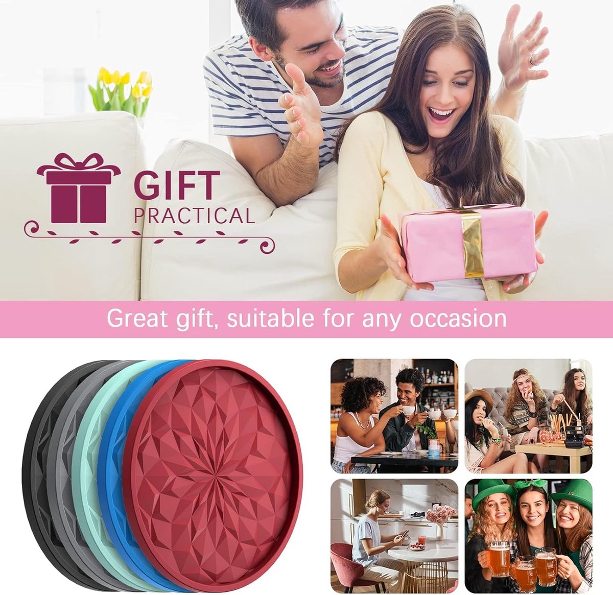 Silicone Coasters with Holder - Set of 6 - Glass Coasters - Coaster Set - Round Coaster Design - Drink Coasters - Table Glass Coasters - Coasters - Anti-Slip - Heat Resistant - Black - Gift