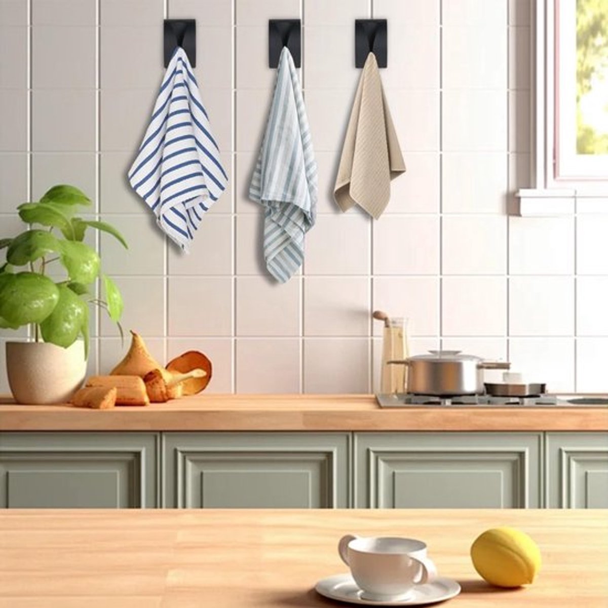Towel Hook Set - Stainless Steel - Set of 4 Pieces - Self-Adhesive Towel Hook - Bathroom Towel Holder - Tea Towel Clamp - Towel Clamp - Towel Hook - No Drilling Required - Wall Mounting Hook - Kitchen Hanging Hook - Towel Hanger - Hooks - Black
