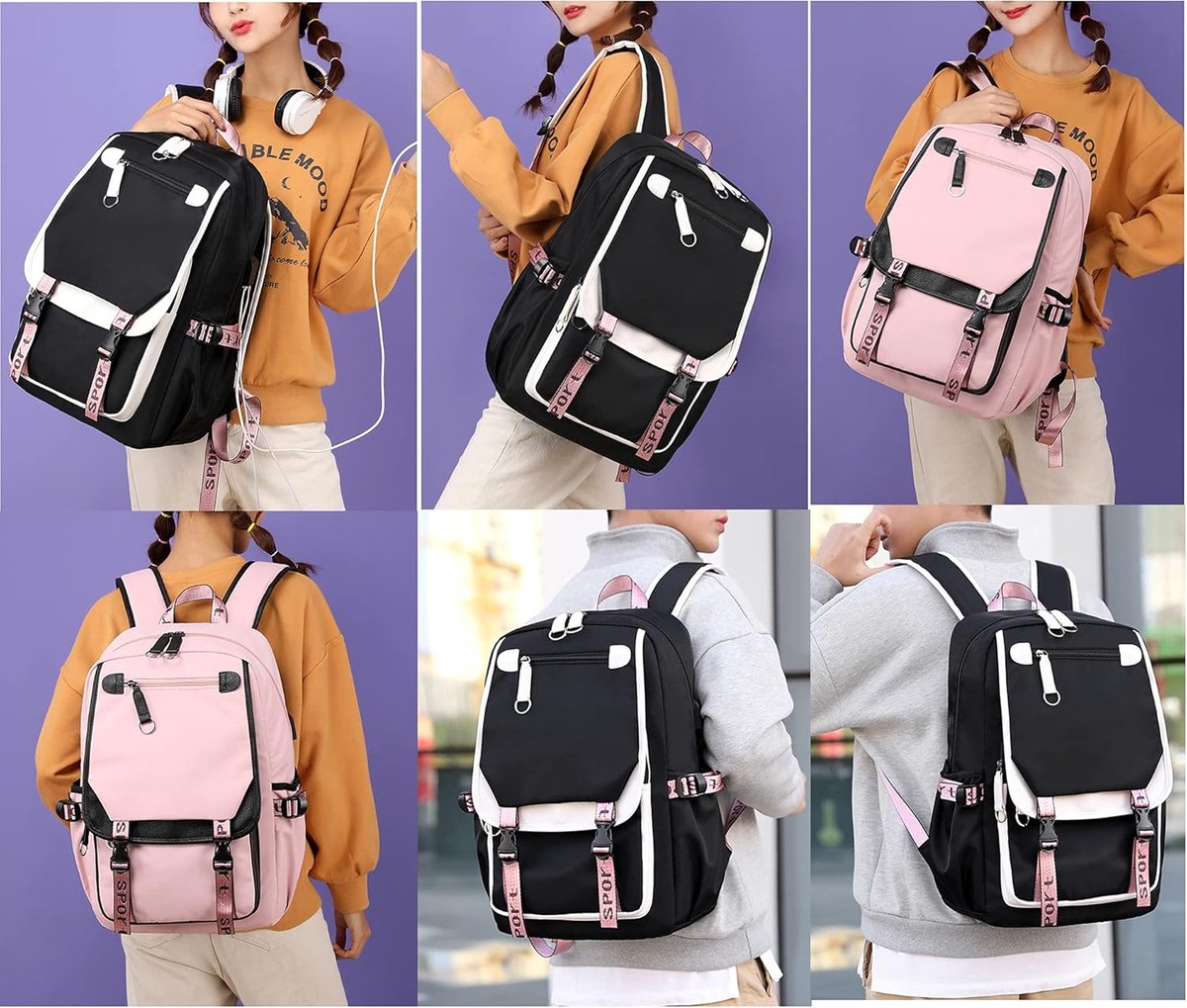 Girls School Student School Bag Outdoor Backpack With USB Charging Port, Black White - School Bag - Backpack - Rucksack - School - Girls - Boys - Teenagers - Book Bag - Girl's Backpack - Backpacks - Rucksack For Children - Waterproof - Laptop Backpack