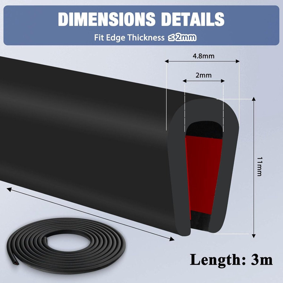 U-shaped rubber seal - Rubber profile - Flexible U-shaped rubber profile - Door edge protection strip - Snap-on rubber - Edge protection - Door panel protection - Baby safety - Table corner (3 m - 2 mm)