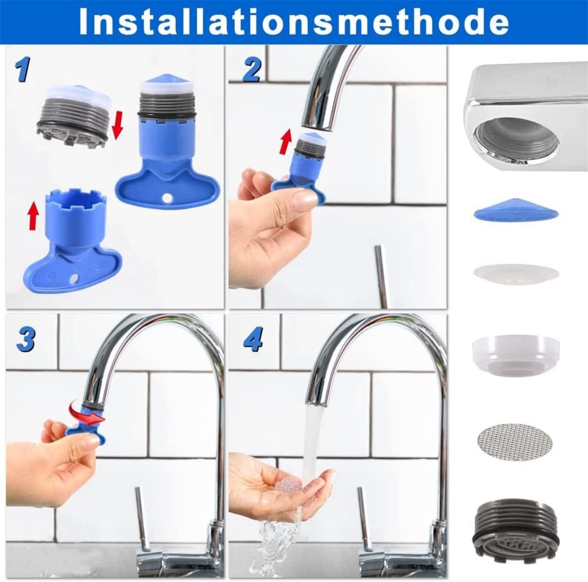 Water-Saving Aerator - M18 x 6 Pieces Tap Aerator - With Mounting Wrench - Tap Strainer for Taps - Tap Attachment - Tap Connector - Includes Disassembly Wrench & Removal Tool - Blue