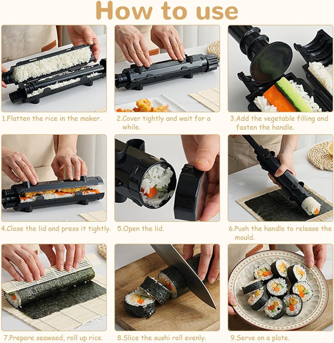 Sushi Maker Kit - Sushi Set - Sushi Maker - Sushi Roller - Sushi Bazooka - Includes Bamboo Sushi Mat - Shapes - DIY - Sushi Making - Sushi Shape - Sushi Mold - Gift - Black