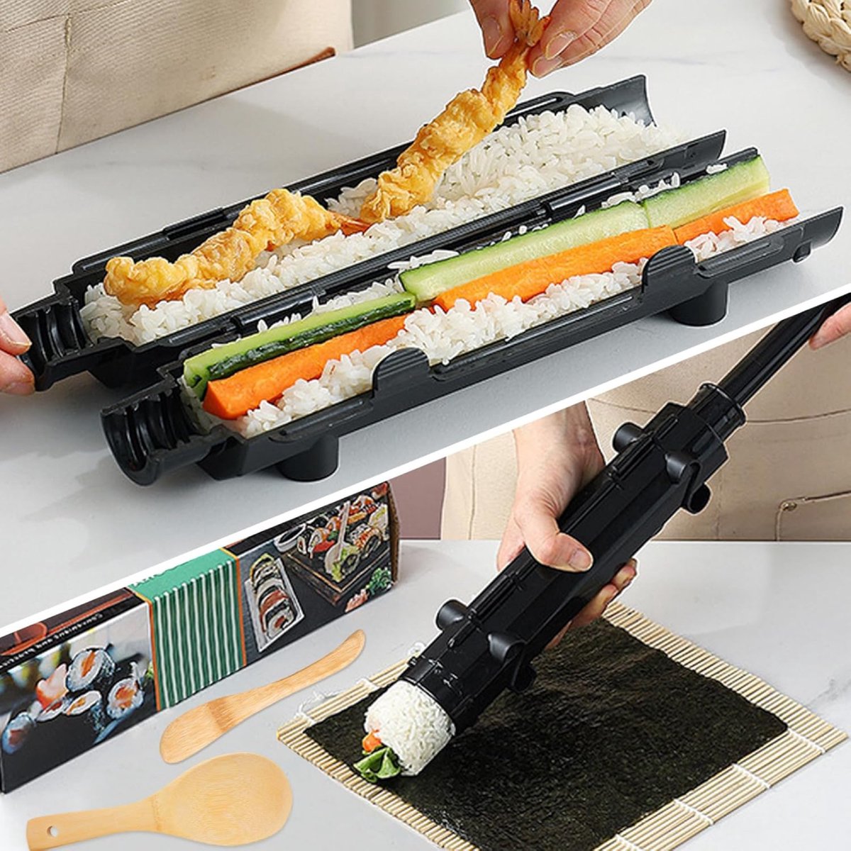Sushi Maker Kit - Sushi Set - Sushi Maker - Sushi Roller - Sushi Bazooka - Includes Bamboo Sushi Mat - Shapes - DIY - Sushi Making - Sushi Shape - Sushi Mold - Gift - Black