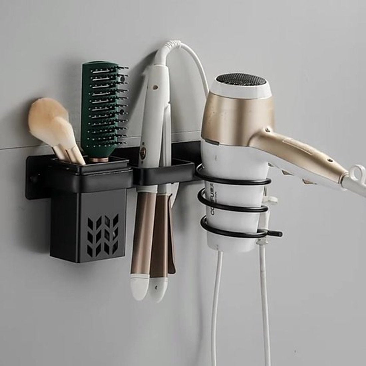 Hair Dryer Holder - With Storage Trays - Hair Dryer Holder - Hair Dryer Wall Bracket - Wall Mount - Universal - Hair Dryer Holder - Aluminum - Includes Mounting Material - Organizer For Your Hair Dryer And Straightener - Bathroom Accessories - Black