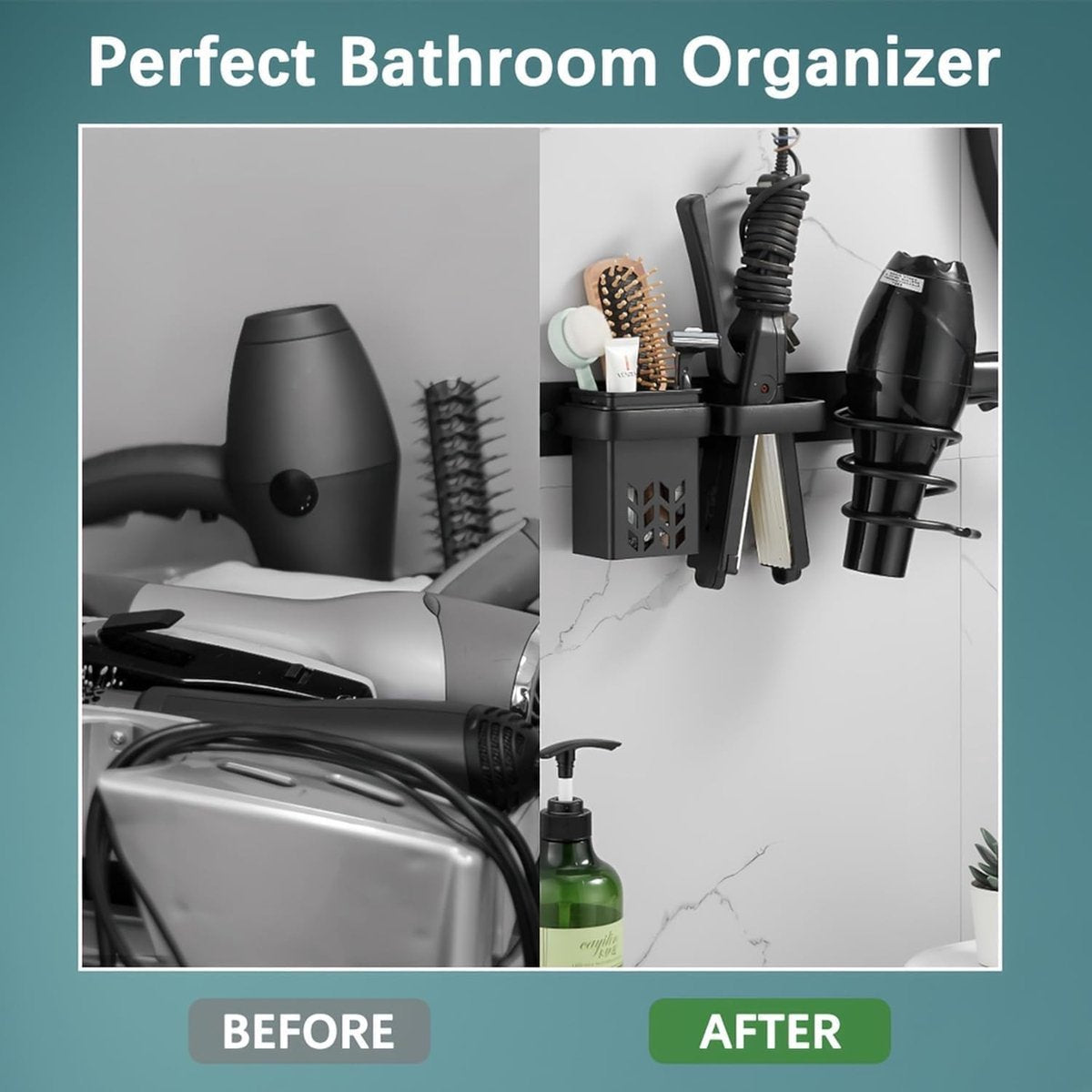 Hair Dryer Holder - With Storage Trays - Hair Dryer Holder - Hair Dryer Wall Bracket - Wall Mount - Universal - Hair Dryer Holder - Aluminum - Includes Mounting Material - Organizer For Your Hair Dryer And Straightener - Bathroom Accessories - Black