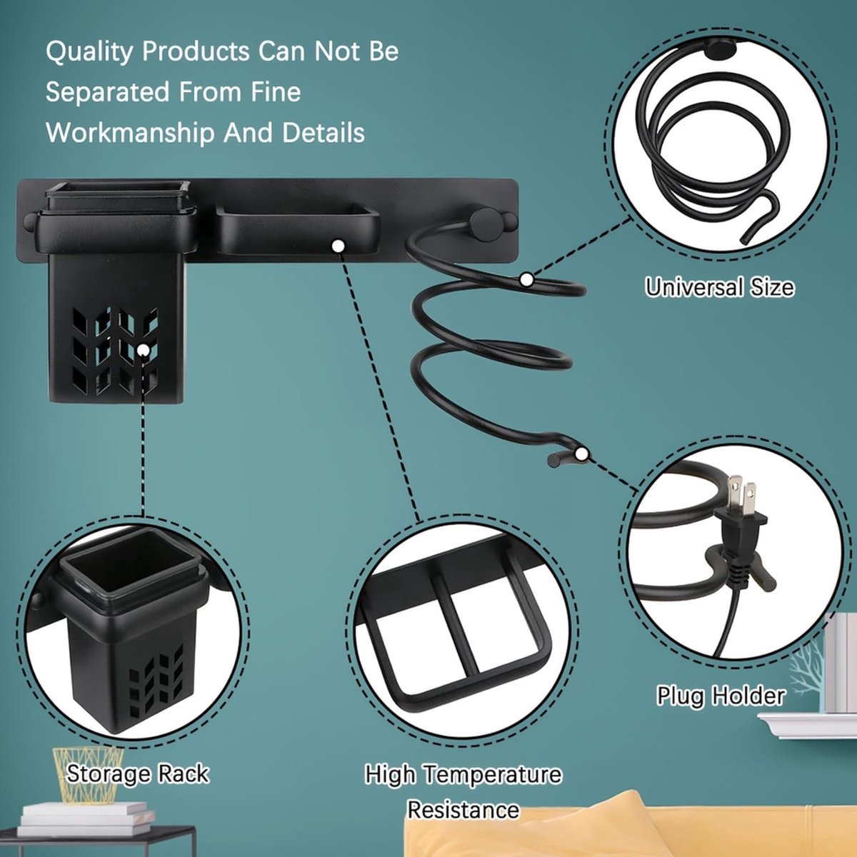 Hair Dryer Holder - With Storage Trays - Hair Dryer Holder - Hair Dryer Wall Bracket - Wall Mount - Universal - Hair Dryer Holder - Aluminum - Includes Mounting Material - Organizer For Your Hair Dryer And Straightener - Bathroom Accessories - Black