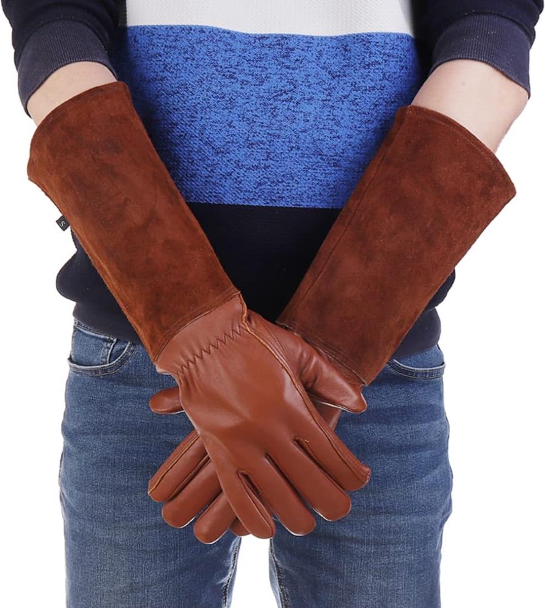1 pair - garden gloves for ladies/gentlemen - thorn-resistant cowhide leather - rose/blackberry pruning - long forearm protection, thorn- and cut-resistant garden gloves with long, heavy leather glove