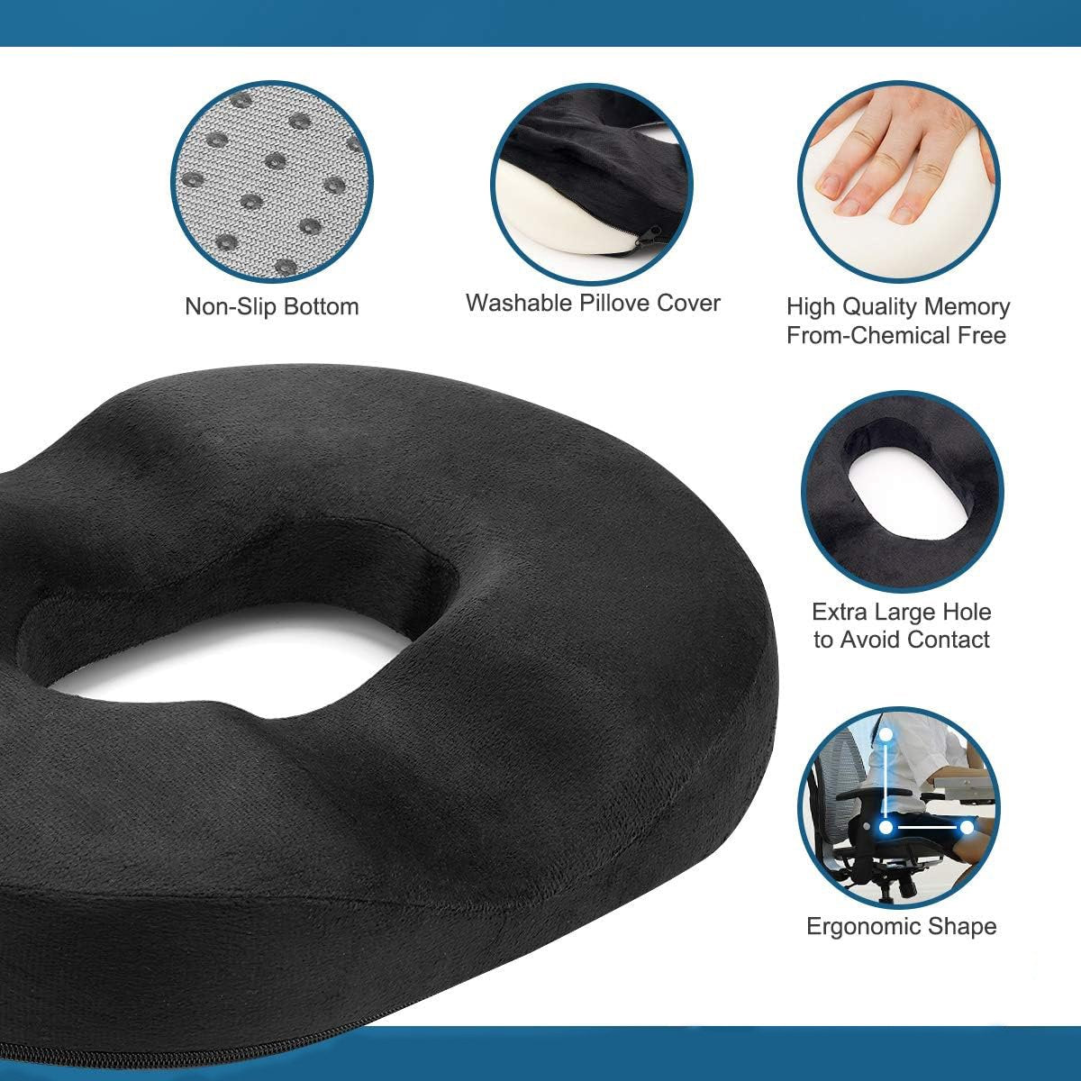 Donut Pillow-Hemorrhoid Pillow-Memory Foam Pillow for Pregnancy-Coccyx-Orthopedic & Ergonomic For Car And Office Chair-Beds, Back, Sciatica-45*34*7 CM-Black