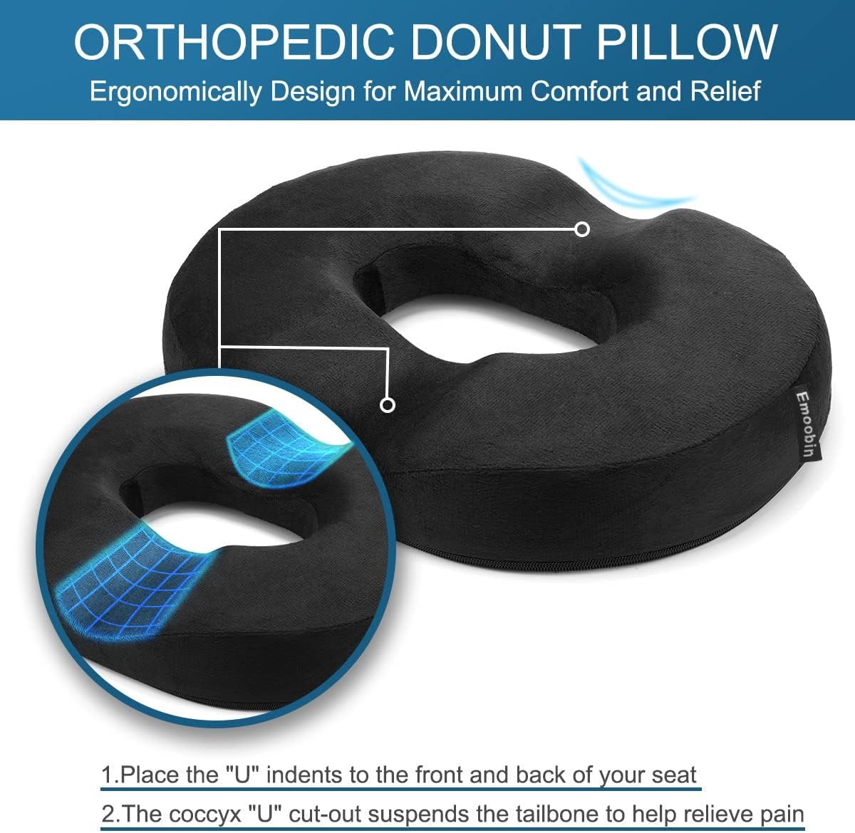 Donut Pillow-Hemorrhoid Pillow-Memory Foam Pillow for Pregnancy-Coccyx-Orthopedic & Ergonomic For Car And Office Chair-Beds, Back, Sciatica-45*34*7 CM-Black
