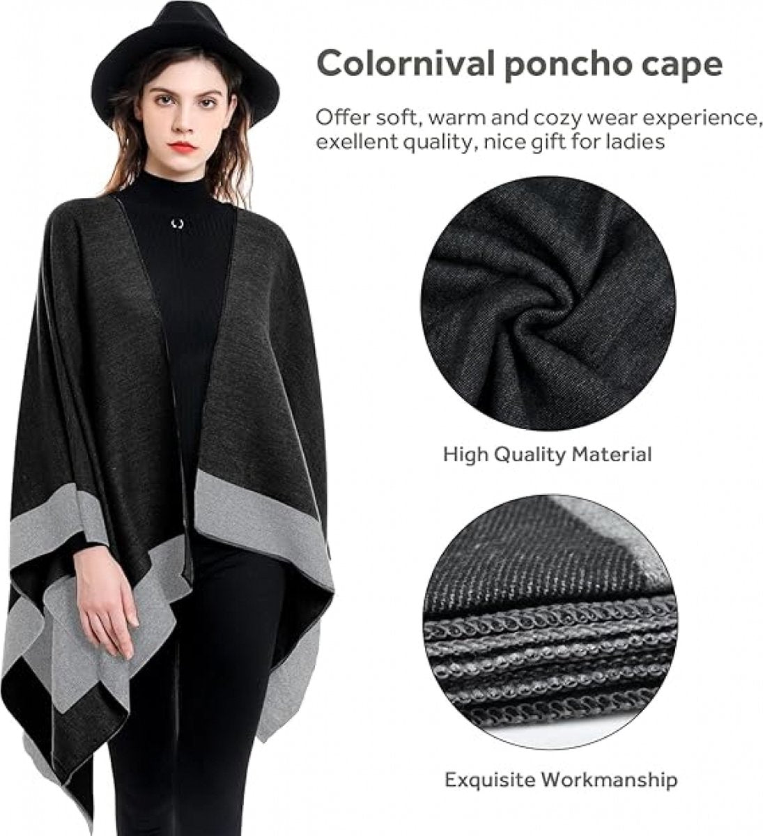 Women's Wrap - Women's Scarf - 160 x 130 Cm - Wrap Scarf - Fashion Scarf - Stole - Small Scarf - Warm Winter Scarf - Scarf for Women - Shawl - Black and Grey - Gift - Elegant