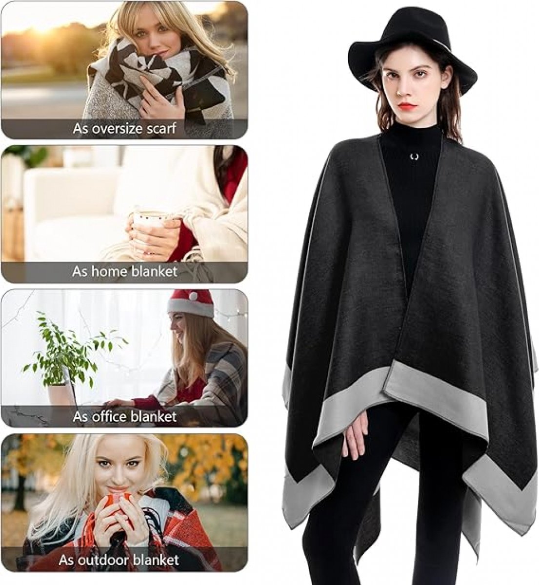 Women's Wrap - Women's Scarf - 160 x 130 Cm - Wrap Scarf - Fashion Scarf - Stole - Small Scarf - Warm Winter Scarf - Scarf for Women - Shawl - Black and Grey - Gift - Elegant