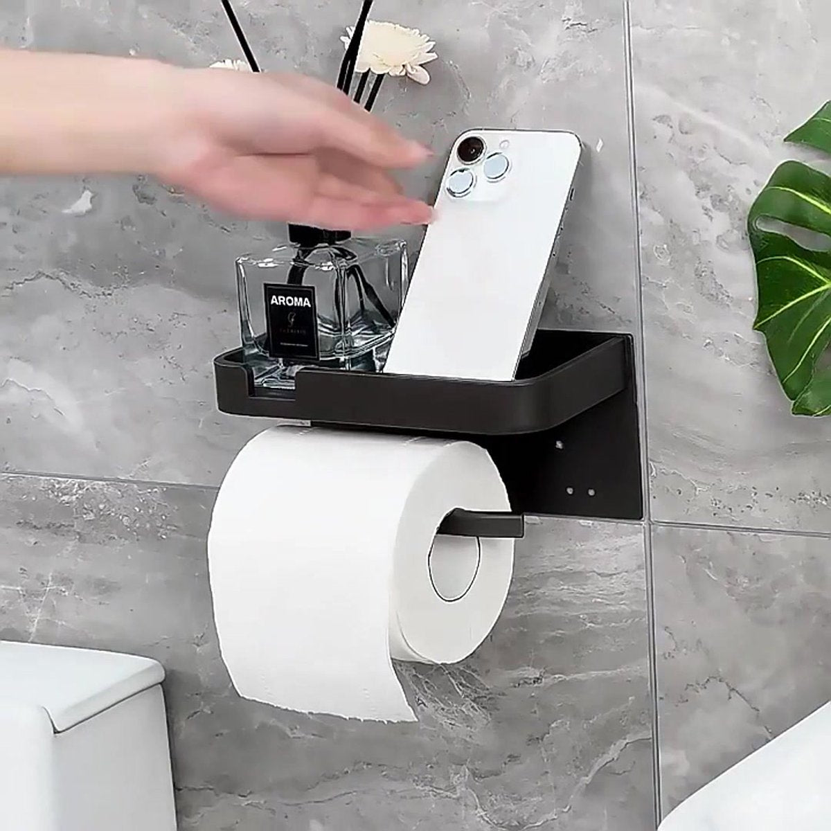 Toilet Roll Holder - With Shelf - Stainless Steel - High Load Capacity - Portable - Water Resistant - Self-Adhesive / Drilling Required - Toilet Roll Holder - Toilet Paper Holder - Tray - Grey - Incl. Screws - Easy to Install