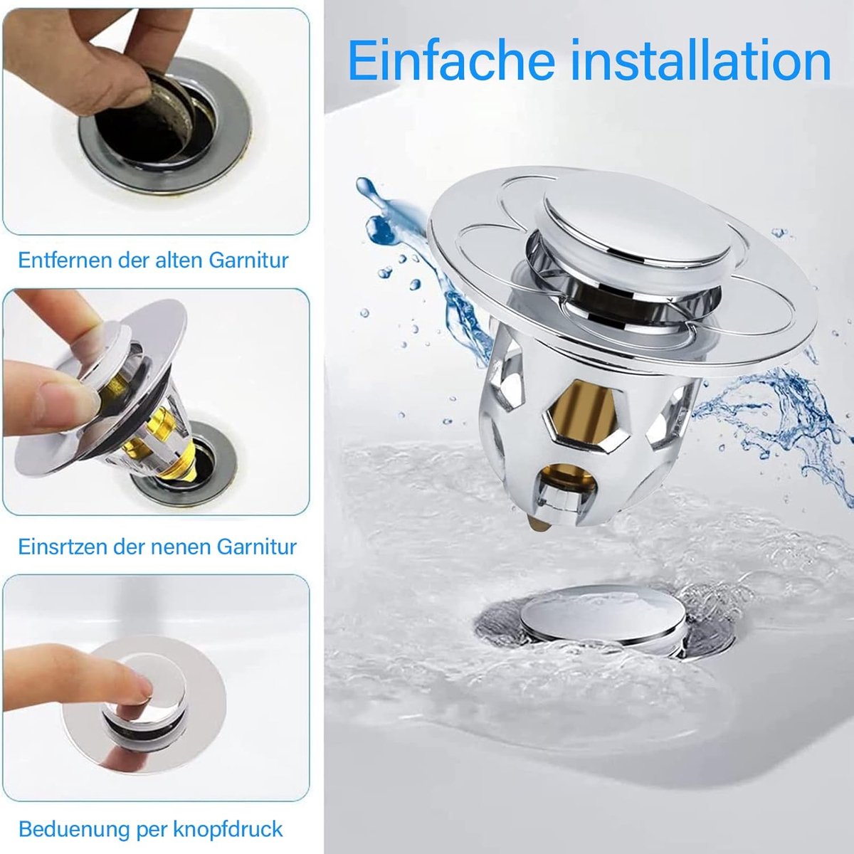 Universal Sink Stopper - Pop-Up Washbasin Stopper - Washbasin Drain Plug - Drain Stopper - Drain Strainer - Hair Catcher - Washbasin - Drain Plugs - Washbasins - Bathroom / Kitchen - Anti-Hair - Chrome - For 34-40 mm