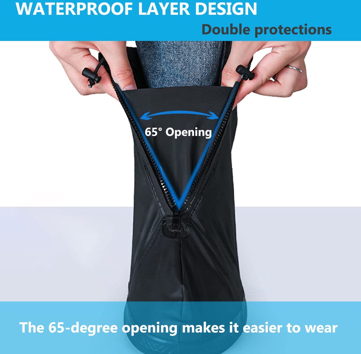 Waterproof Shoe Covers - Rain Shoe Covers - With Zipper, Drawstring and Snap - Waterproof Shoe Protectors - Motorcycle Scooter Bicycle Shoe Cover - Shoe Rain Cover - Shoe Cover - Shoe Covers - Anti-Slip - XL Size 43-45 - Black - Reusable