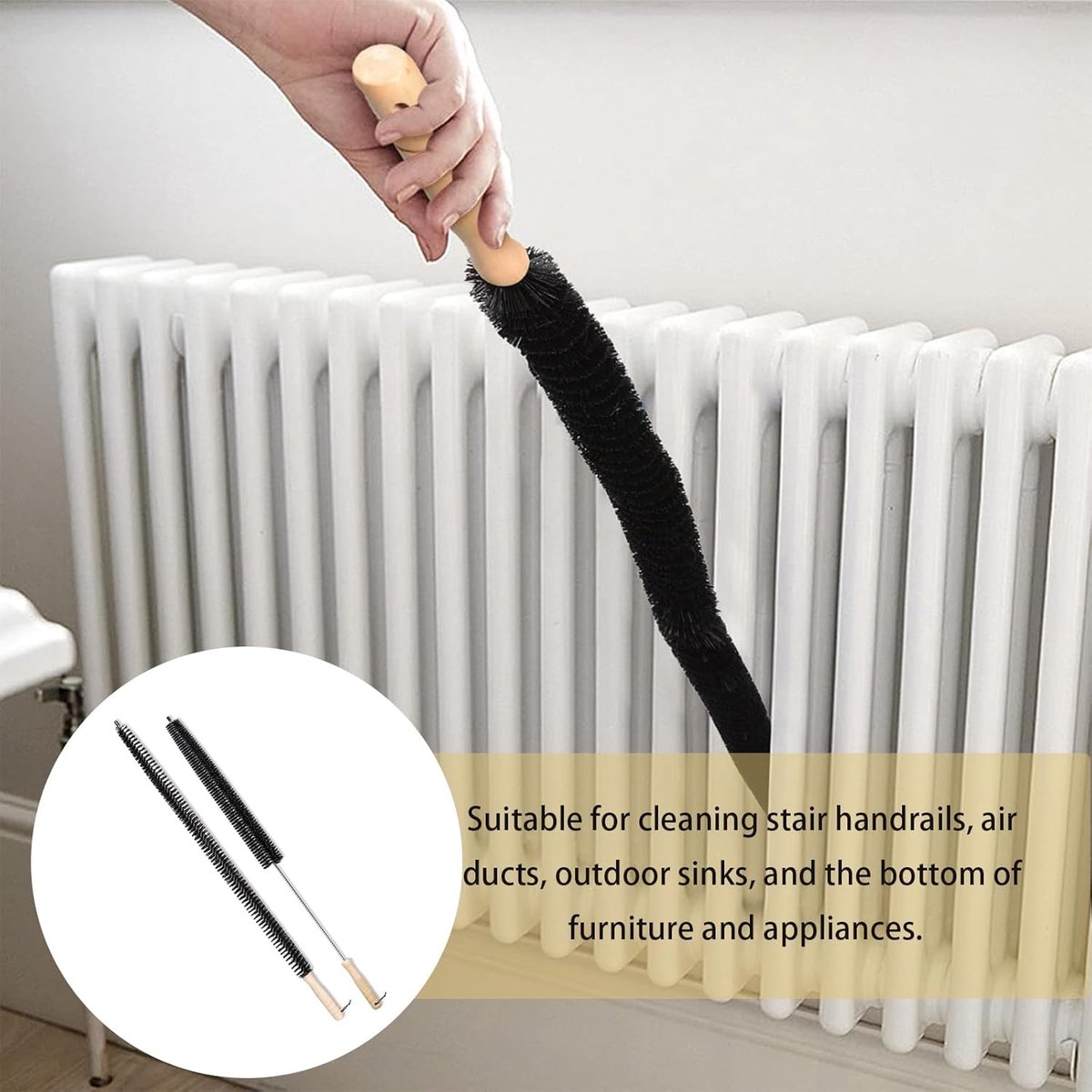 Crevice brush with long handle and stiff bristles - 2-pack - Suitable for dryer ventilation - Radiator cleaning brush - Ideal for cleaning tight spaces - Suitable for cleaning furniture - Multifunctional