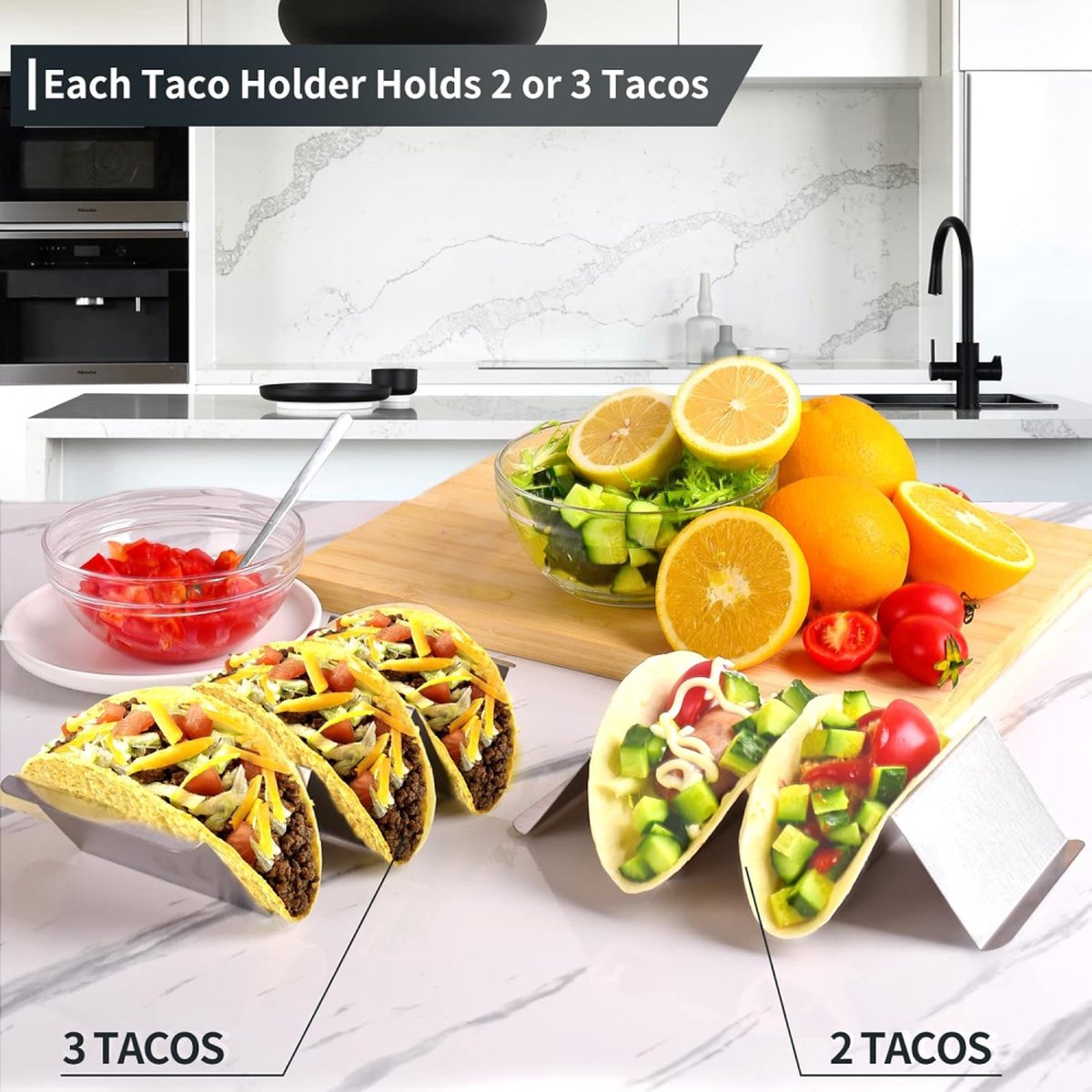 Taco Holder with 3 Compartments - Set of 2 - Stainless Steel - Taco Holder - Tortilla Holder - Tortilla Stand - Taco Rack - Taco and Tortilla Rack - Oven Safe - For 6 Tacos - Serving Dishes - Cooking & Dining - Cookware