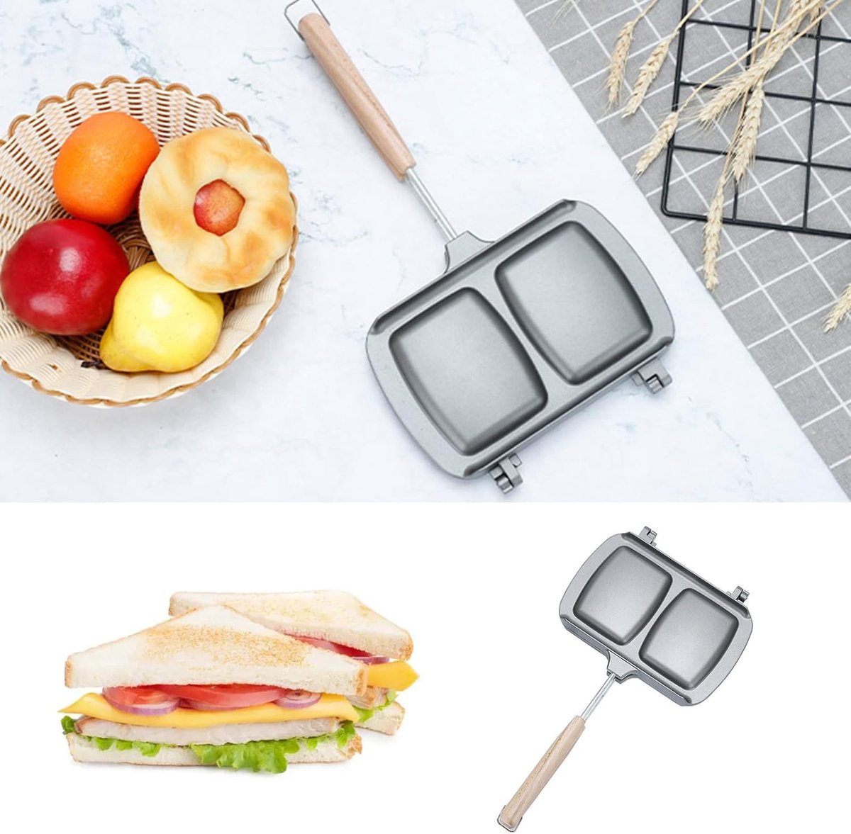 Reversible Sandwich Maker - Double-Sided Frying Pan - Contact Grill - Non-Stick Gas Toaster - Sandwich Plate - With Handle - Omelet Sandwich Maker - Grey