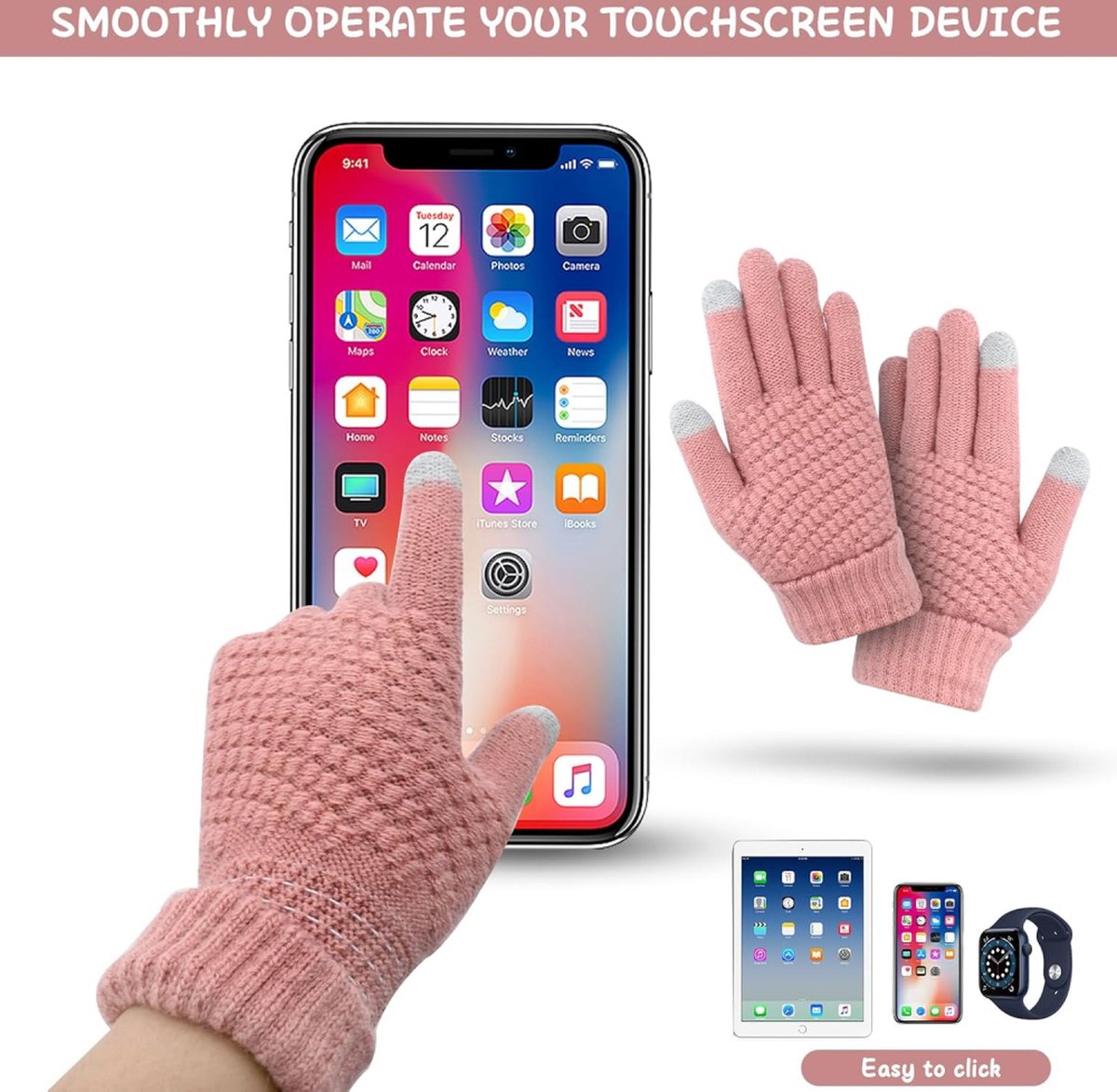 Women's Gloves - Glove - Touchscreen Gloves - Men's Gloves - Warm Gloves - Winter Gloves - Full Finger Knitted Gloves - Windproof Gloves - Splashproof Gloves - Thick - One Size - Pink