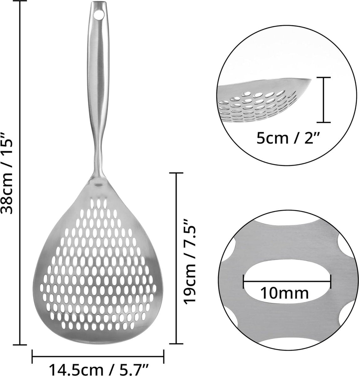 Skimmer - Stainless Steel - Deep-frying Spoon - Deep-frying Scoop - Food Sieve - Skimmer Spoon - Colander Spoon - Non-Stick - Hanging Handle - Dishwasher Safe - Draining Potatoes/Vegetables/Pasta - Sieve - Colander - Cooking Supplies - Kitchen Tools
