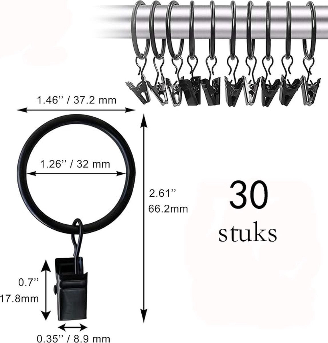30 Pieces Curtain Rings with Clips - Curtain Rings - Thicker - 32mm - Stainless Steel - Shower Curtain Rings - Curtain Hooks - Curtain - Shower Curtain - Hooks - High Quality - Black - Value Pack