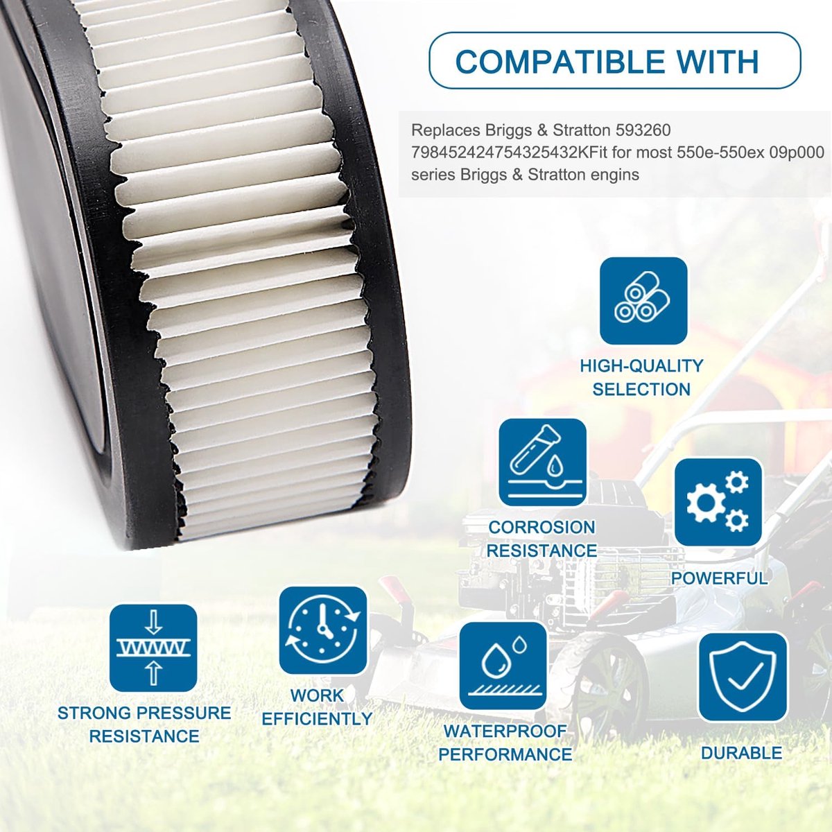 Lawn Mower Air Filter And 1x Spark Plug - Air Filter for Lawn Mowers - Air Filter Cleaner Cartridge - Air Filter Cartridge Replacement for 593260 Walk-Behind Mower, Compatible with Briggs & Stratton Engines 798452 - 593260/798452