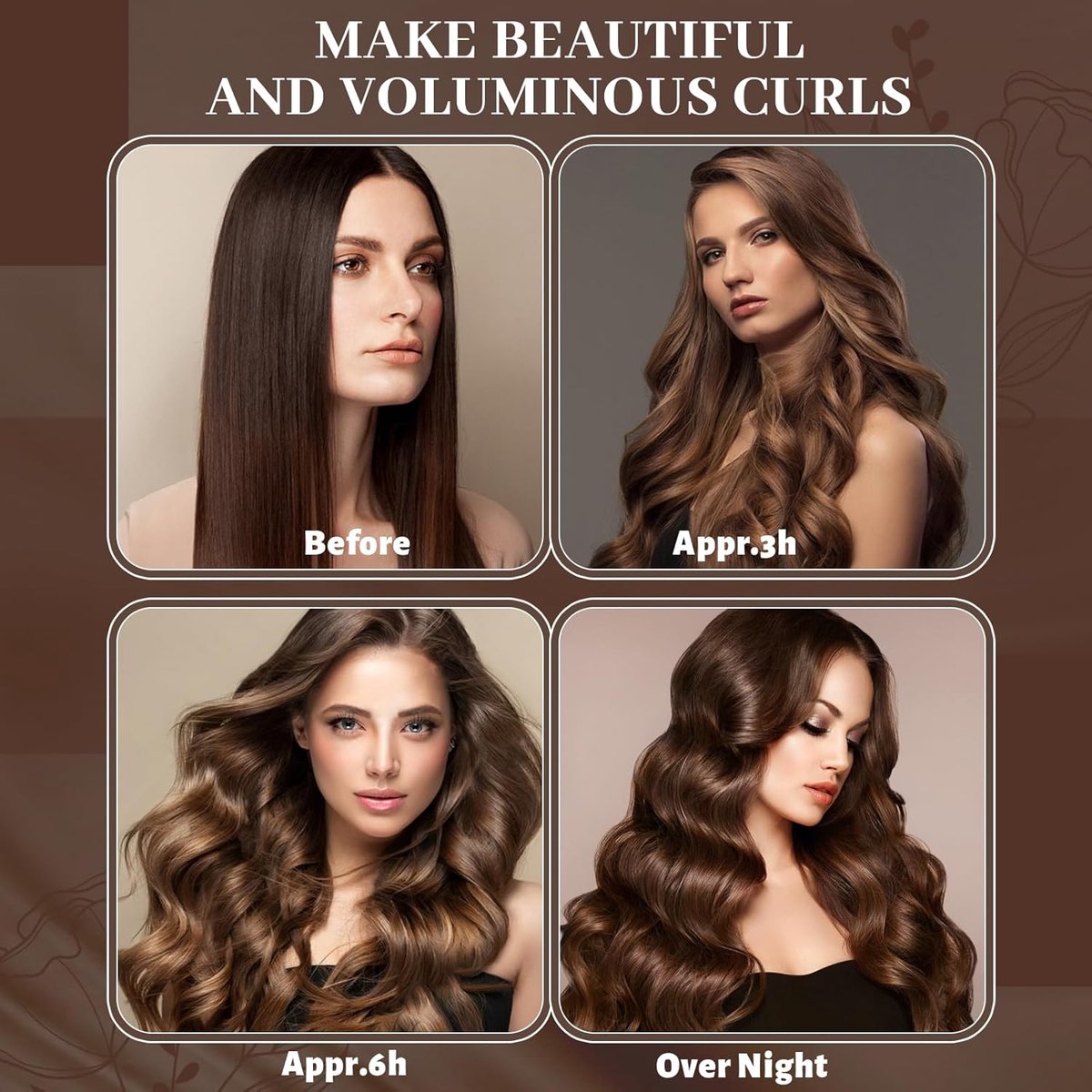 Heatless Curls - 3 Pieces - Satin - For Voluminous Curls - Curlers - Hair Rollers - Heatless Blowout Set - Heatless Curls Tool - Curls Without Heat - Curly Hair Products - Alternative to Curling Iron - Brown - All Hair Types - With Hair Scarf