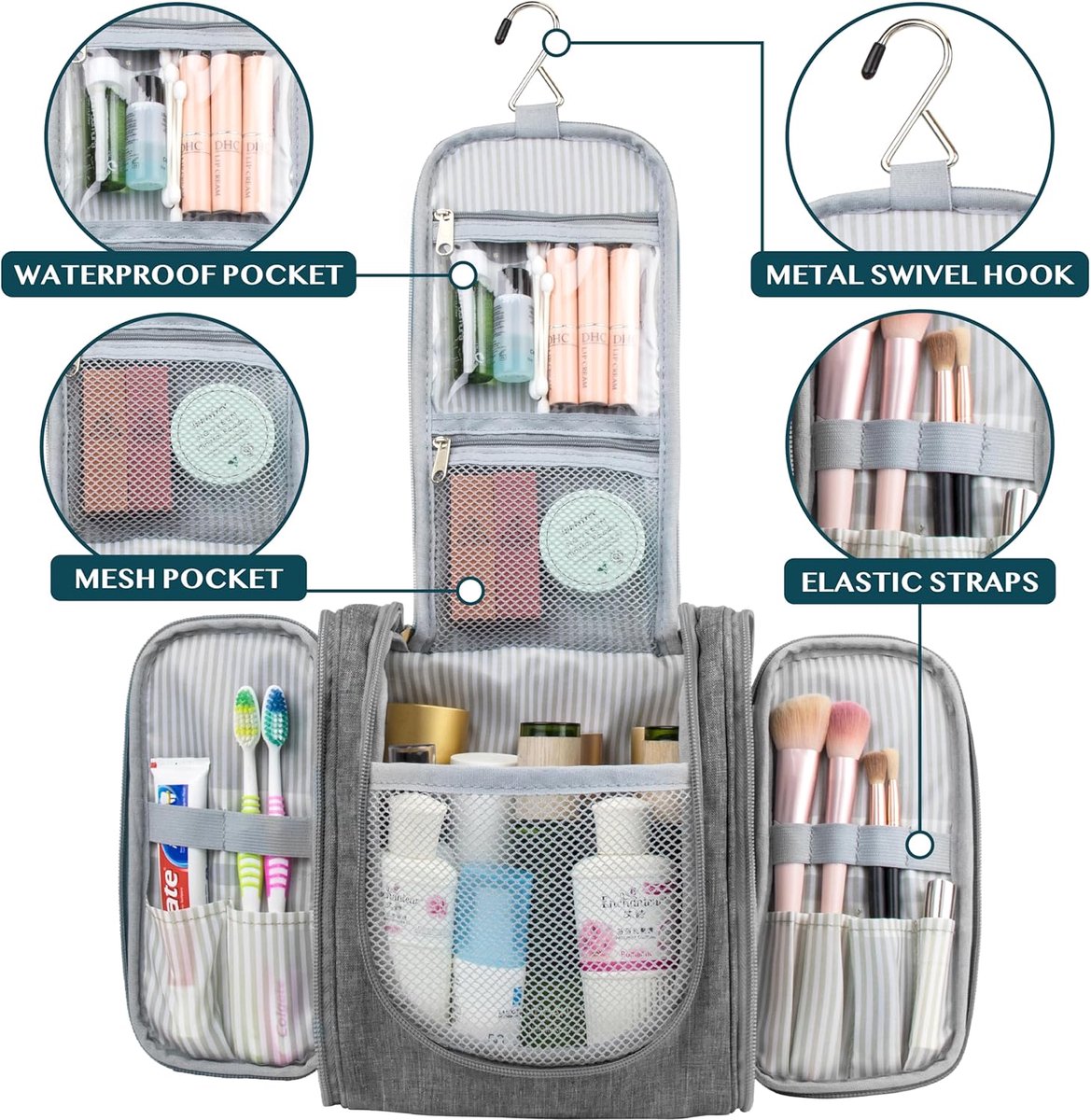 Toiletry Bag with Hook - For Women and Men - Hanging Toilet Travel Bag with Hook - Hanging - Travel & Camping Suitcase Accessories - Toiletry Bag for Women & Men - Makeup Bag with Mesh, Waterproof Pockets - Grey