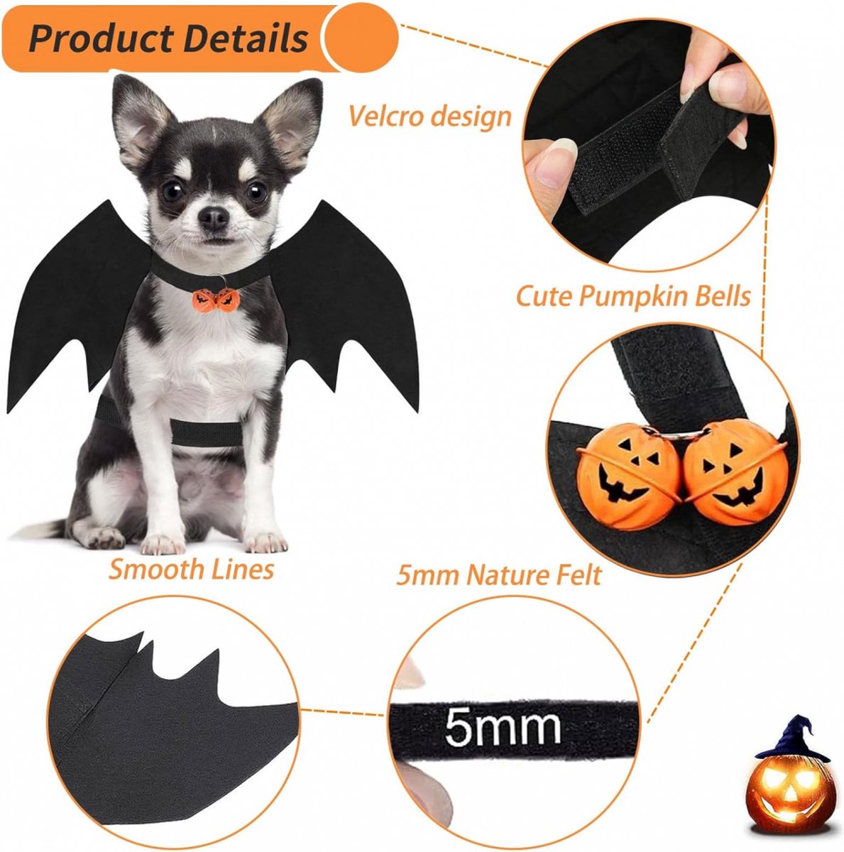 Dog Costume - Dog Halloween Costume With Pumpkin Bell - Clothing For Dogs - Cat Clothing - Funny Dog Suit - Halloween Bat Wings - Halloween Rug For Dog Or Cat - Size M - Animal Clothing - Halloween