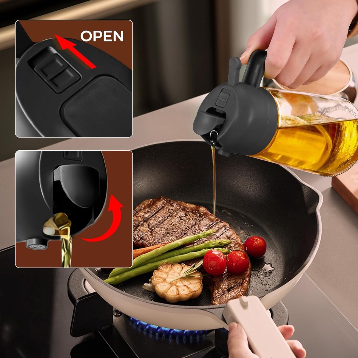 2-in-1 Olive Oil Sprayer - 470 ML - Glass - Olive Oil Bottle with Pour and Spray Function - Oil Atomizer - Oil Pump Cooking & Baking Spray - Refillable Oil Glass - BBQ Accessories - Airfryer - BPA-free - For Kitchen, Barbecue, Salads - 2 Pieces