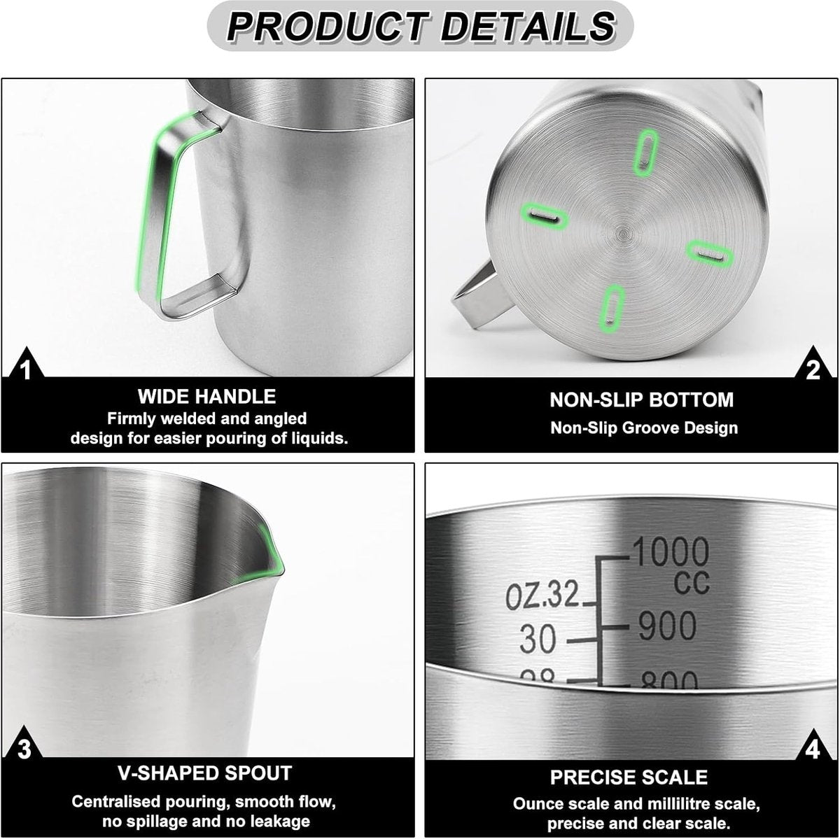 Measuring Cup with Pouring Spout - Measuring Cups with Scale - 1 Liter - Small Measuring Cups - Measuring Cups - Measuring Beaker - Cups - Measuring Jug - Measuring Cup - 304 Stainless Steel - 12 x 15 x 13 Cm (L x W x H) - Silver - For Precise Weighing an