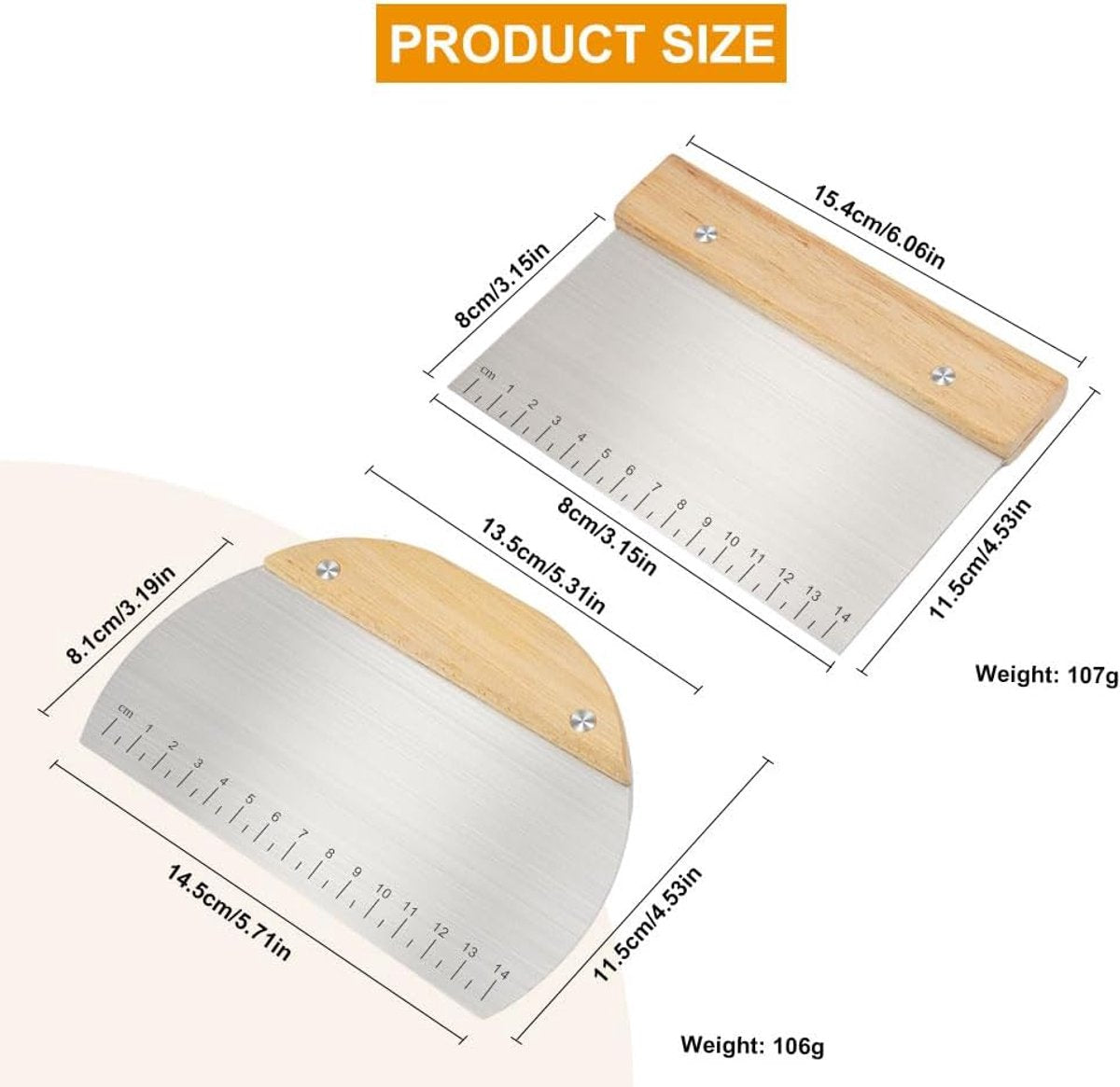 Dough Scraper - Pack of 2 dough spatulas with wooden handle - Dough Knife - Scraper - Vegetable Cutter - Dough Cutter - Dough Scraper - Dough Cutter - Durable - Stainless Steel - Dough Scraper - Semi-circular and Rectangular - Suitable for cutting dough,