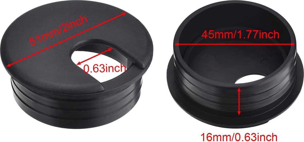 Desk cable grommet - 6 pieces - Ø 45mm - Cable grommet - ABS - Desk cable grommet - Desk end caps - Cable Organizer - Desk cable tray - Plastic cap with opening - Round - Cable organizer - Black - Sustainable - Neat