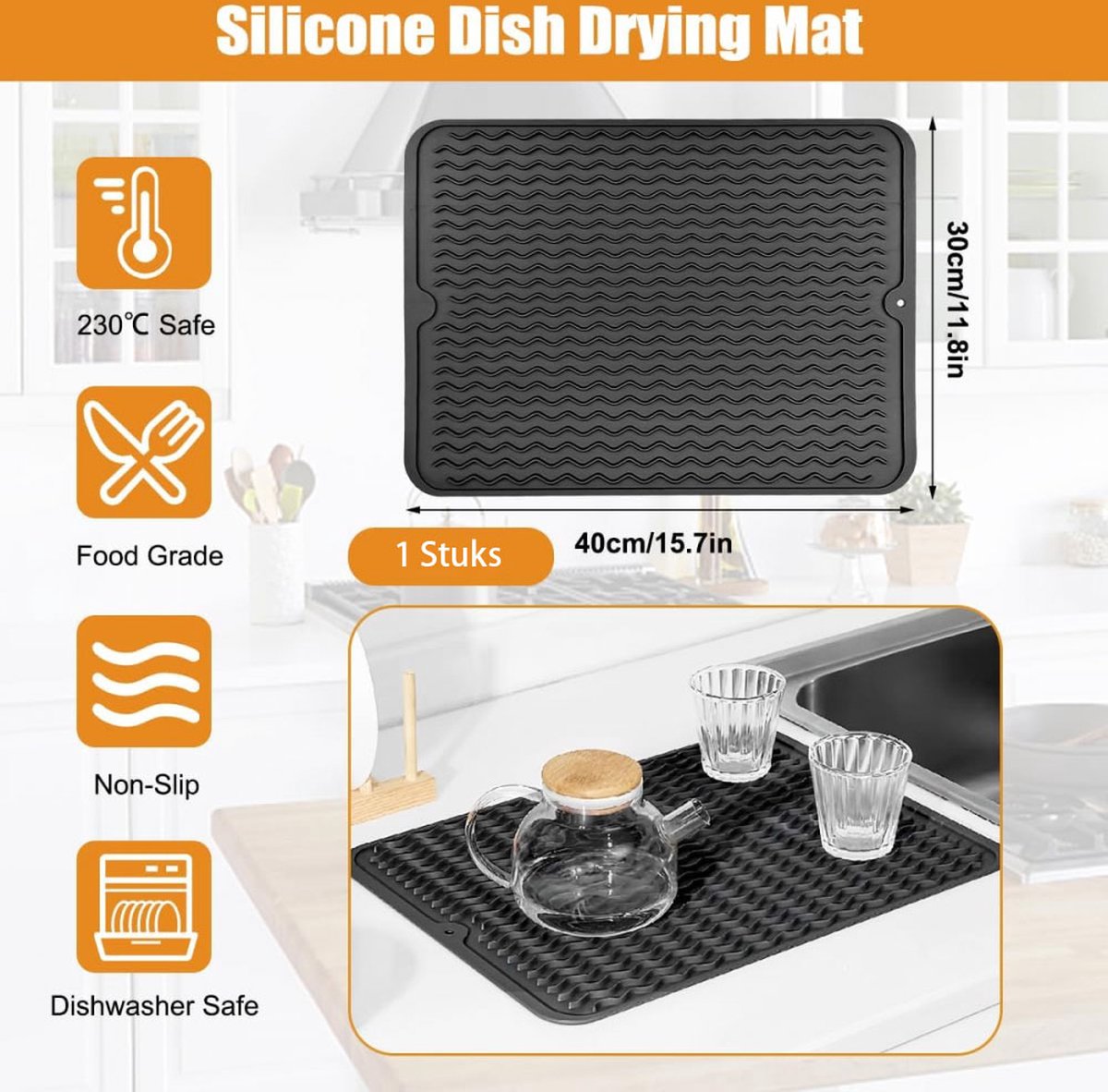Draining Mat - Drying Mat - Silicone Mat - Dishwashing Mat - Countertop Mat - Bar Mat - With Hanging Hole - Black - 30 x 40 Cm - Pot Coaster - Draining Racks - Anti-Slip - Heat Resistant - Dishwasher Safe