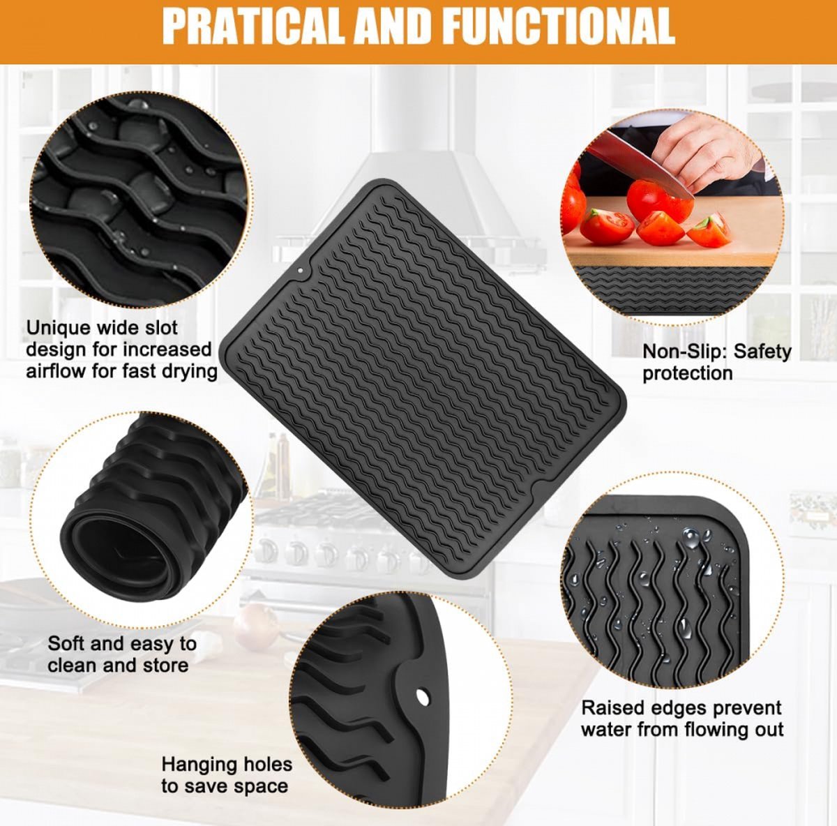 Draining Mat - Drying Mat - Silicone Mat - Dishwashing Mat - Countertop Mat - Bar Mat - With Hanging Hole - Black - 30 x 40 Cm - Pot Coaster - Draining Racks - Anti-Slip - Heat Resistant - Dishwasher Safe