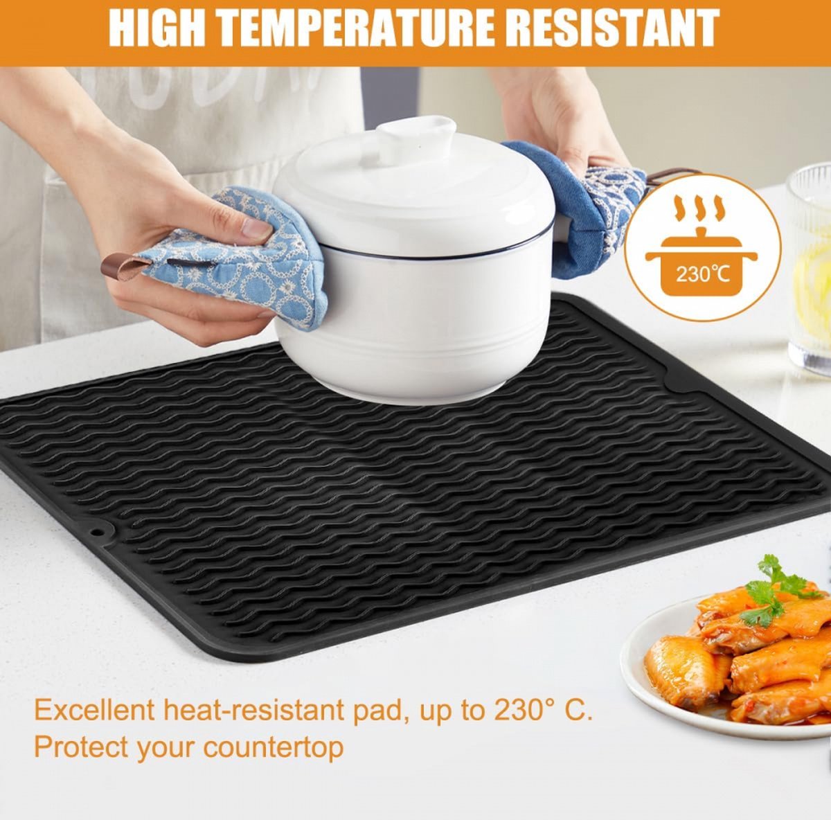 Draining Mat - Drying Mat - Silicone Mat - Dishwashing Mat - Countertop Mat - Bar Mat - With Hanging Hole - Black - 30 x 40 Cm - Pot Coaster - Draining Racks - Anti-Slip - Heat Resistant - Dishwasher Safe