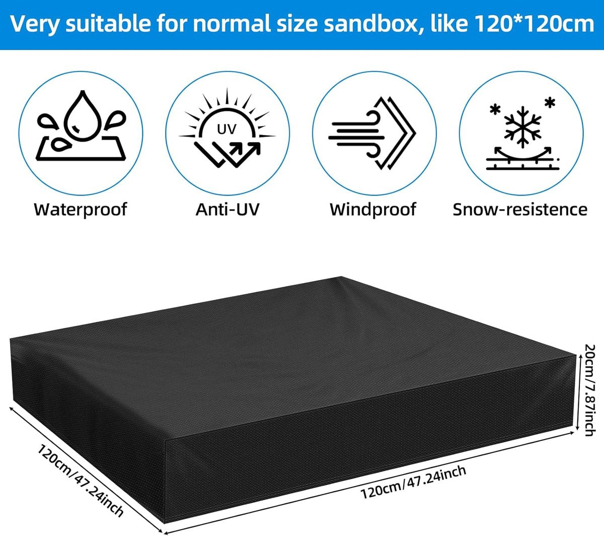 Waterproof Sandbox Cover - 120 x 120 x 20 cm - Dustproof Sandbox Cover with Drawstring - Oxford Fabric - Toy Sandbox Cover - for Pool, Patio, Garden - Black