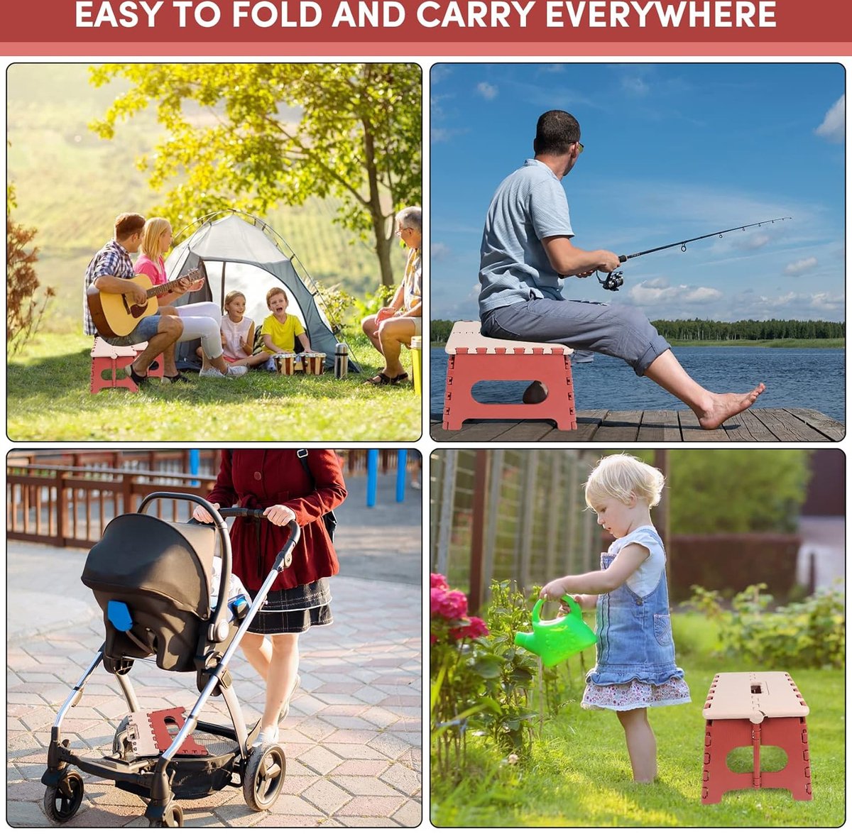 Stool - Small Stool - Step Stool Foldable - Foldable Stool - Foldable Step Stool - Up to 100 kg - 31x25 cm - Safe - Non-slip - Space-saving - Red - Sturdy - Easily Foldable Stool - Portable Footstool