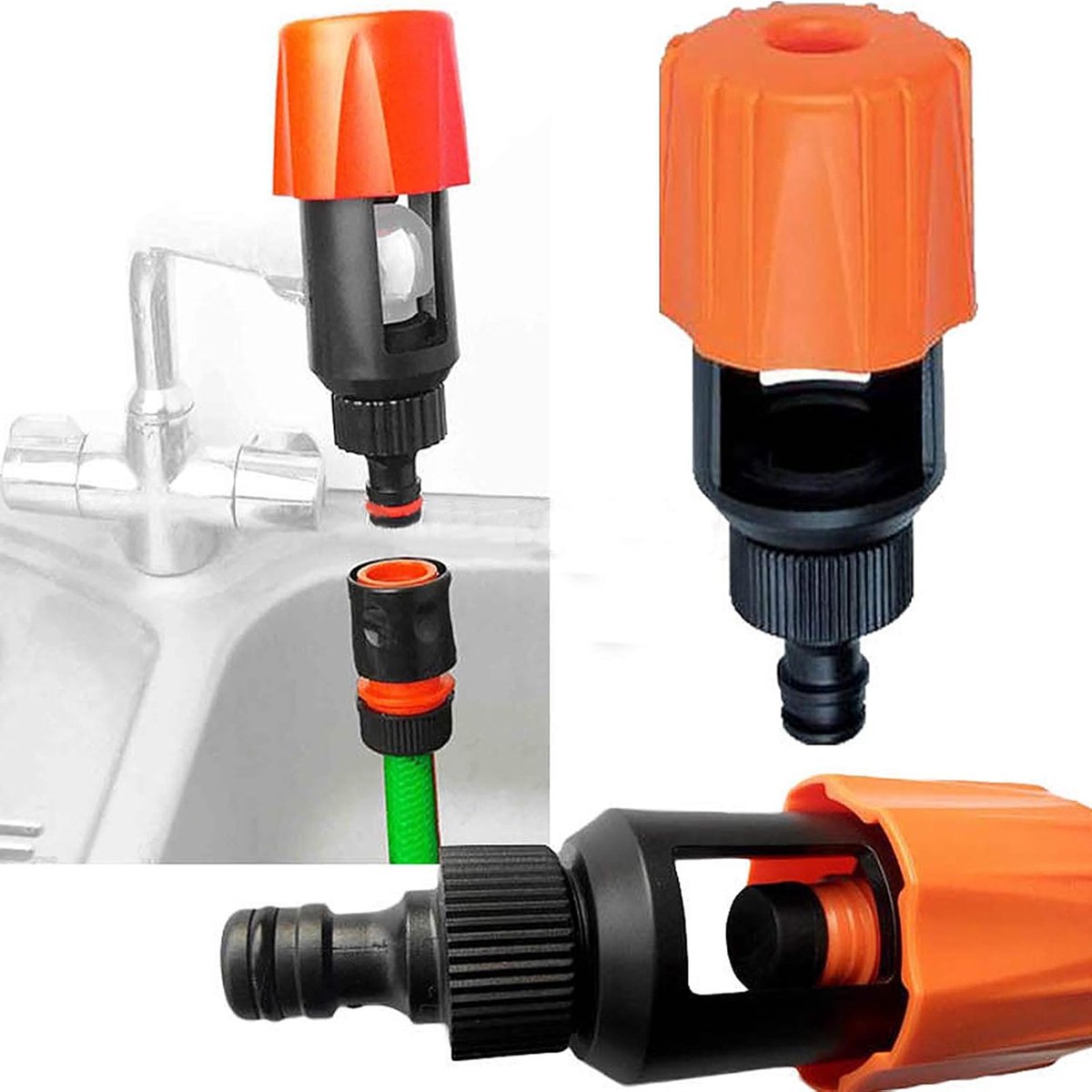 Garden Hose Coupling - 2 Pieces - Universal Kitchen / Bathroom Faucet to Garden Hose Adapter - ABS - Suitable for Hoses - Universal Water Thief - Garden - Orange - Sturdy & Durable