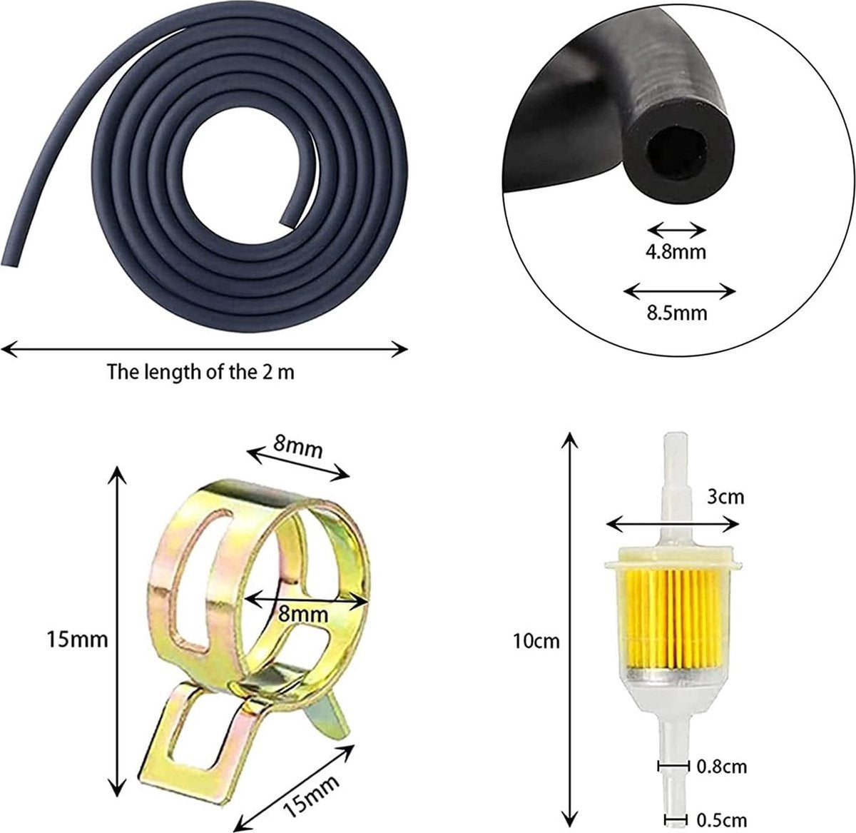 2x Gasoline Filter 10 cm - Inline Fuel Filter with 5 mm and 8 mm - Universal - Filter - Transparent - With 2 Meter Fuel Hose and 10 Hose Clamps - Fuel Hose - Scooter - Motorcycle - Car - 13-Piece Set