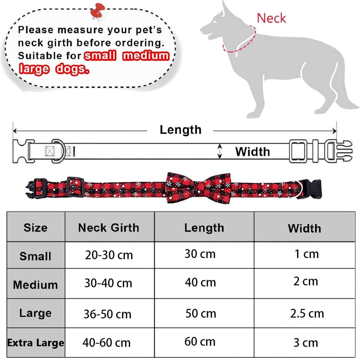 Christmas Dog Bow Tie - Festive Dog Bow Tie - Collar with Bow - Dog Collar - Red - Checkered Bowtie - Adjustable Neckline - Dog Accessories - Dog Clothing - Dogwear - Christmas - Gift - Size S