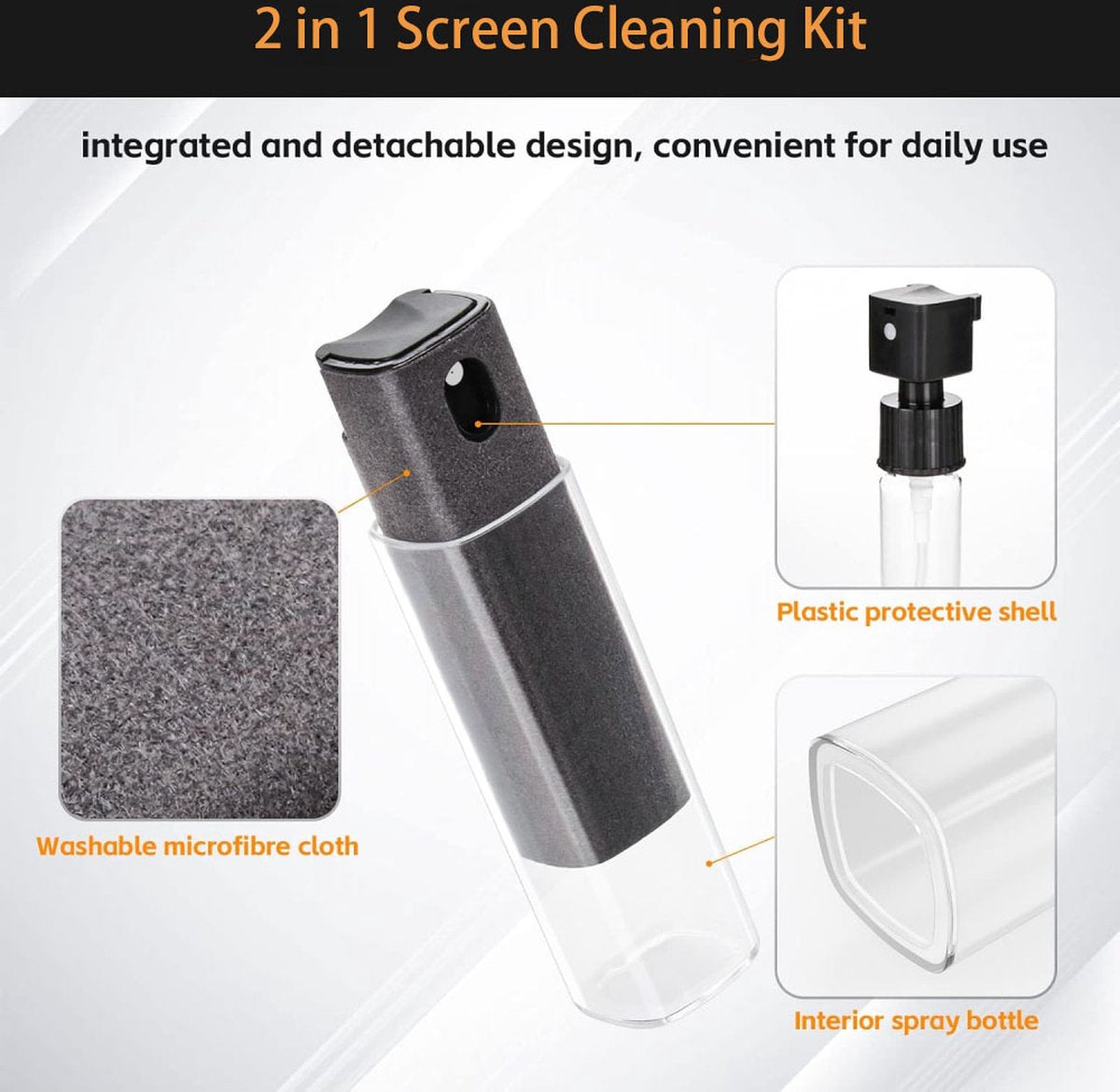 Screen Cleaner - Refillable - 2 In 1 Screen Cleaner - Monitor Cleaner - Screen Spray - Cleaning Spray - Cleaning Spray - Microfiber Cloth - Cleaner for Smartphone, Tablet, and Laptop Screens - Travel Kit - Cleaning Kit - Gray