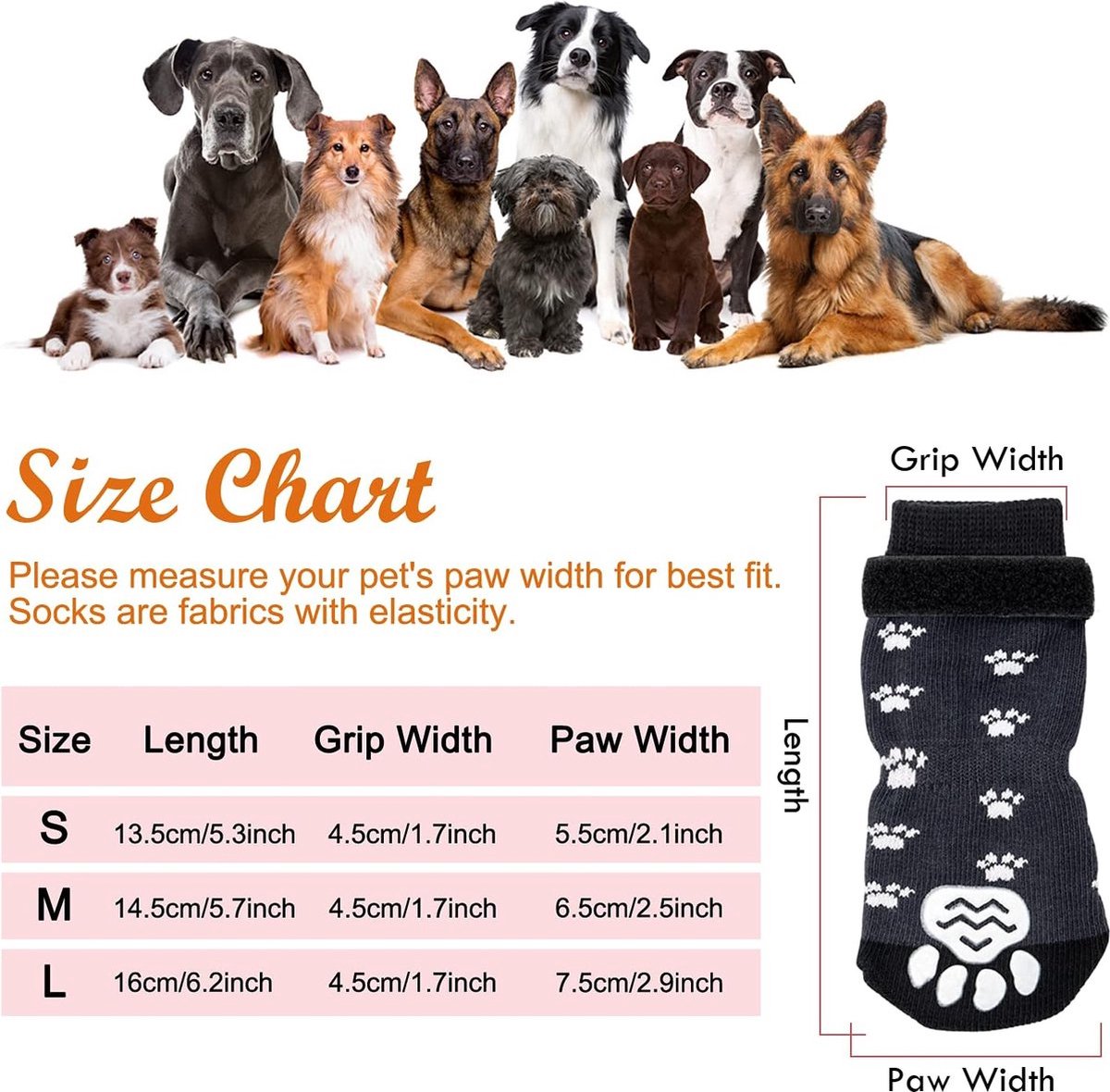 Size S 13.5 x 4.5 x 5.5cm - 2 Pairs Pet Socks - Non-Slip Dog Socks - Breathable - Adjustable - Dog Shoes Paw Protector Socks for Dogs - Velcro Closure - Pet Paw Protector - Fashionable and Functional Paw Protection