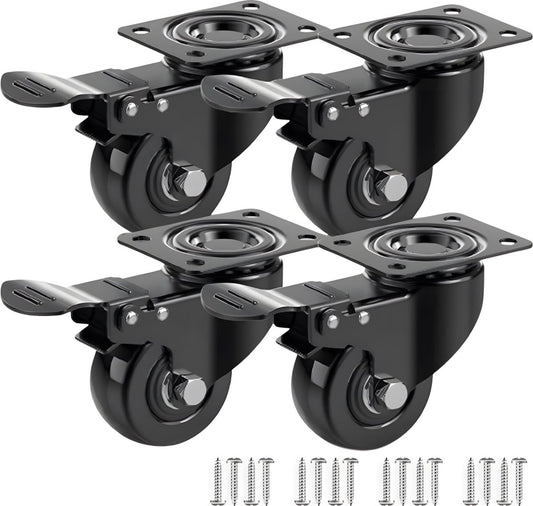 Heavy-Duty Swivel Casters with Brakes - Set of 4 - 50 mm up to 200 kg - With Screws - Swivel Casters - Rubber Trolley Wheels - Cart Wheels - Transport Cart - Casters for Furniture - Flexible - Durable - Black