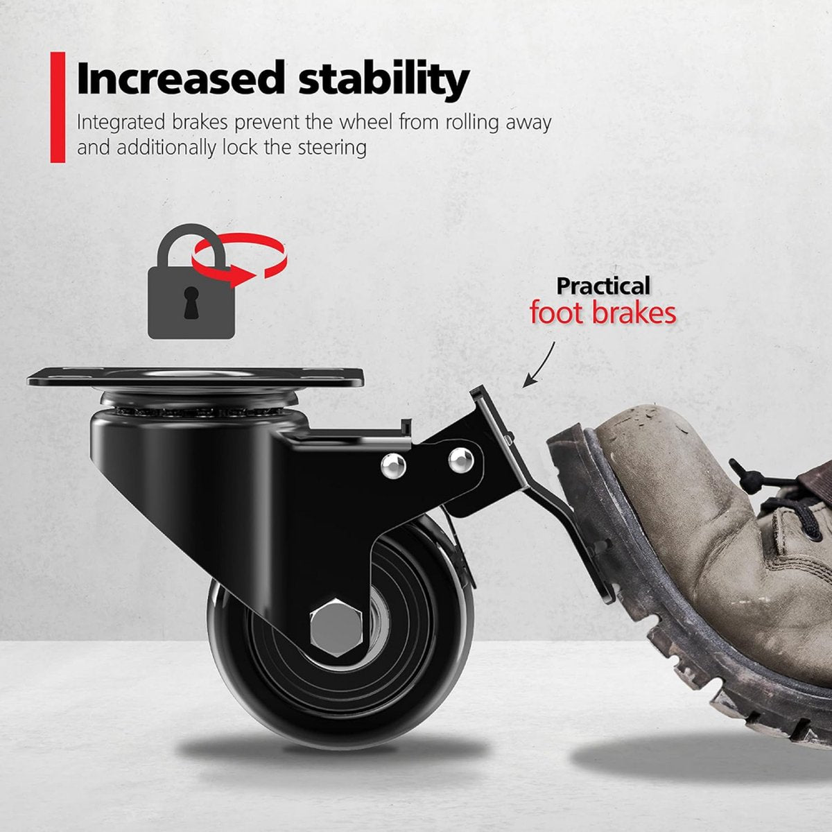 Heavy-Duty Swivel Casters with Brakes - Set of 4 - 50 mm up to 200 kg - With Screws - Swivel Casters - Rubber Trolley Wheels - Cart Wheels - Transport Cart - Casters for Furniture - Flexible - Durable - Black