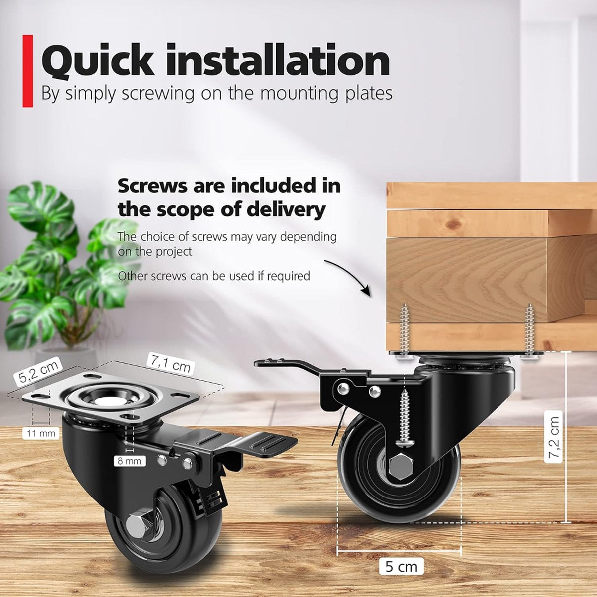 Heavy-Duty Swivel Casters with Brakes - Set of 4 - 50 mm up to 200 kg - With Screws - Swivel Casters - Rubber Trolley Wheels - Cart Wheels - Transport Cart - Casters for Furniture - Flexible - Durable - Black