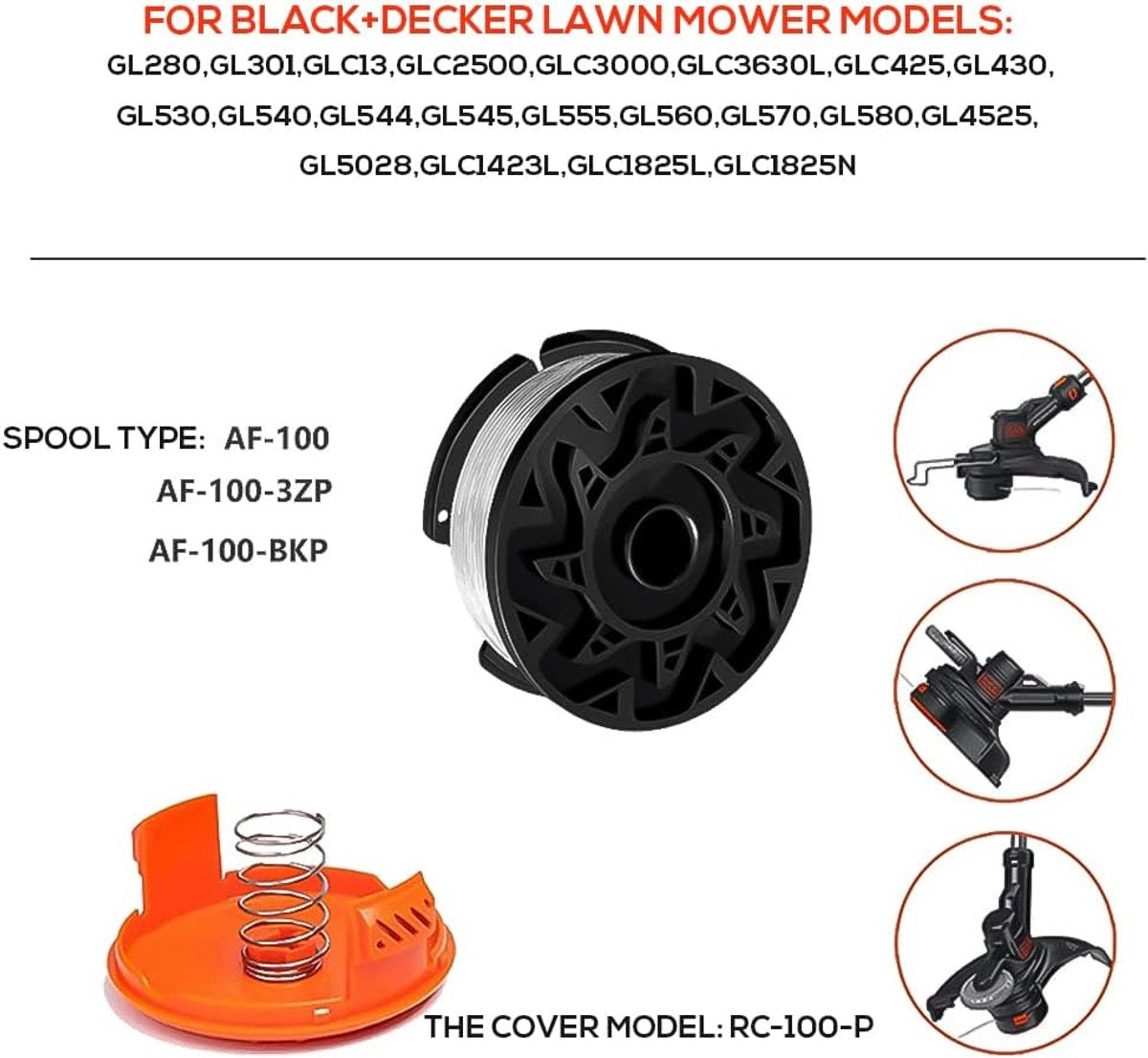 Cutting Line - 6 Pieces - Trimmer Line - Replacement Lines - Line Spools - for Black Decker, Bekasa AF-100-3ZP and A6481 - Length 30 ft - Replaces spools from the GL280, GLC1825N series with caps and springs - White