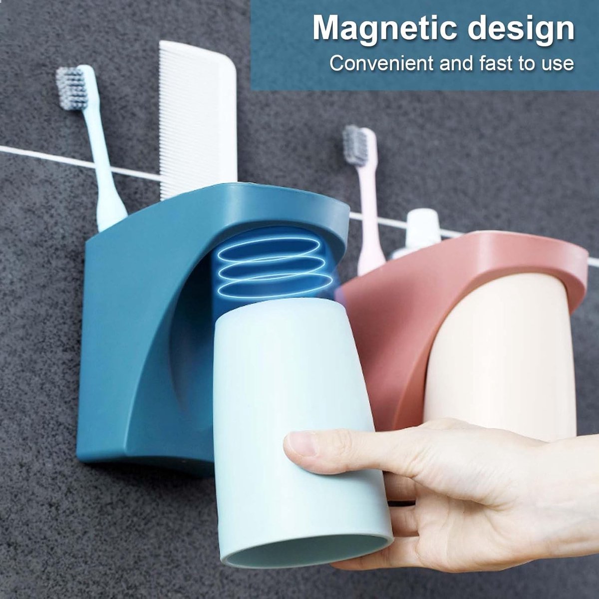Toothbrush Holder - Toothbrush Box - Wall Mounted - Bathroom Organizer - Toothbrush Organizer - Toothbrush Holder with Magnetic Cup - No Drilling Required - For Family, Children - Blue+Red - 2 Pieces